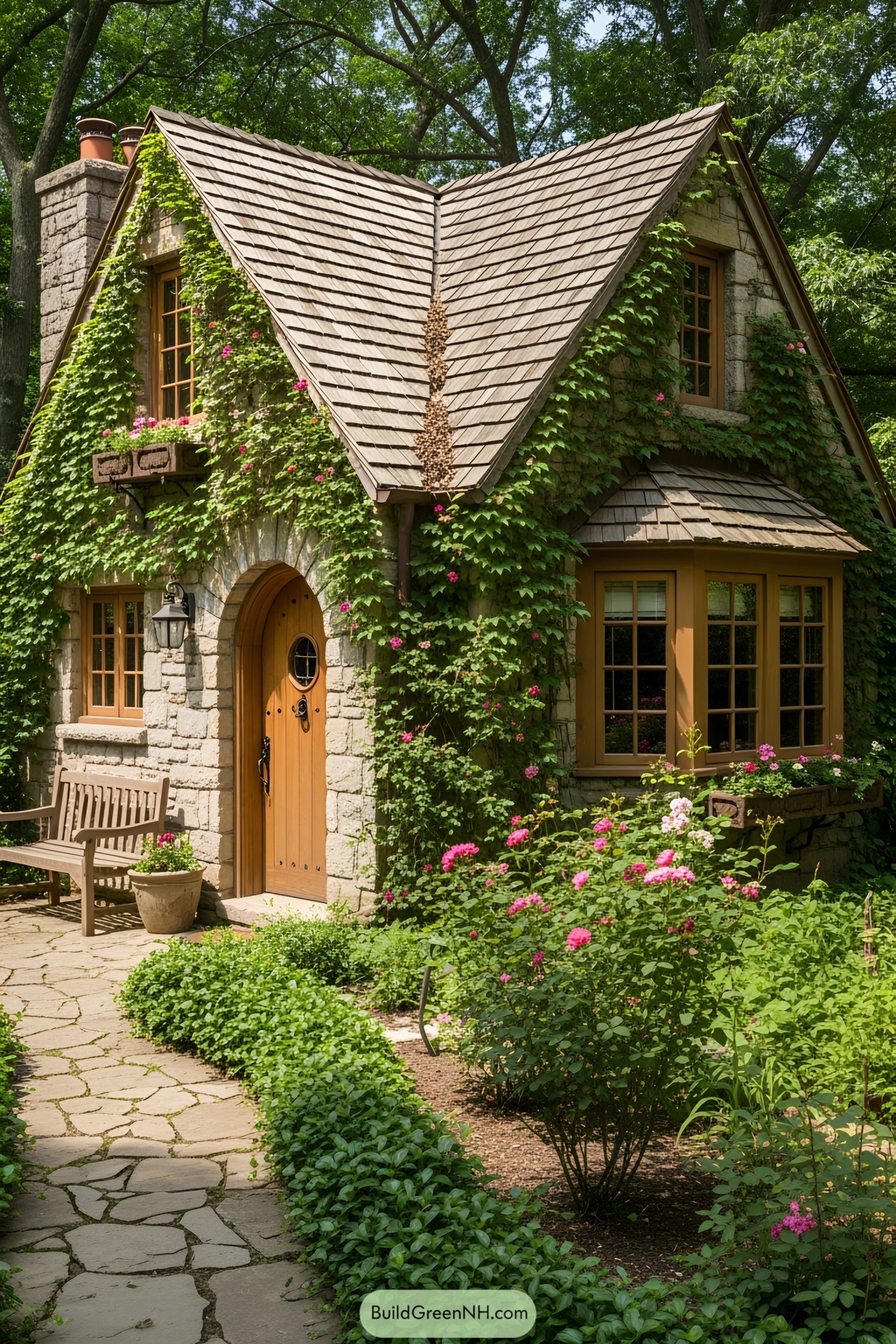 Charming stone cottage surrounded by lush greenery and vibrant flowers