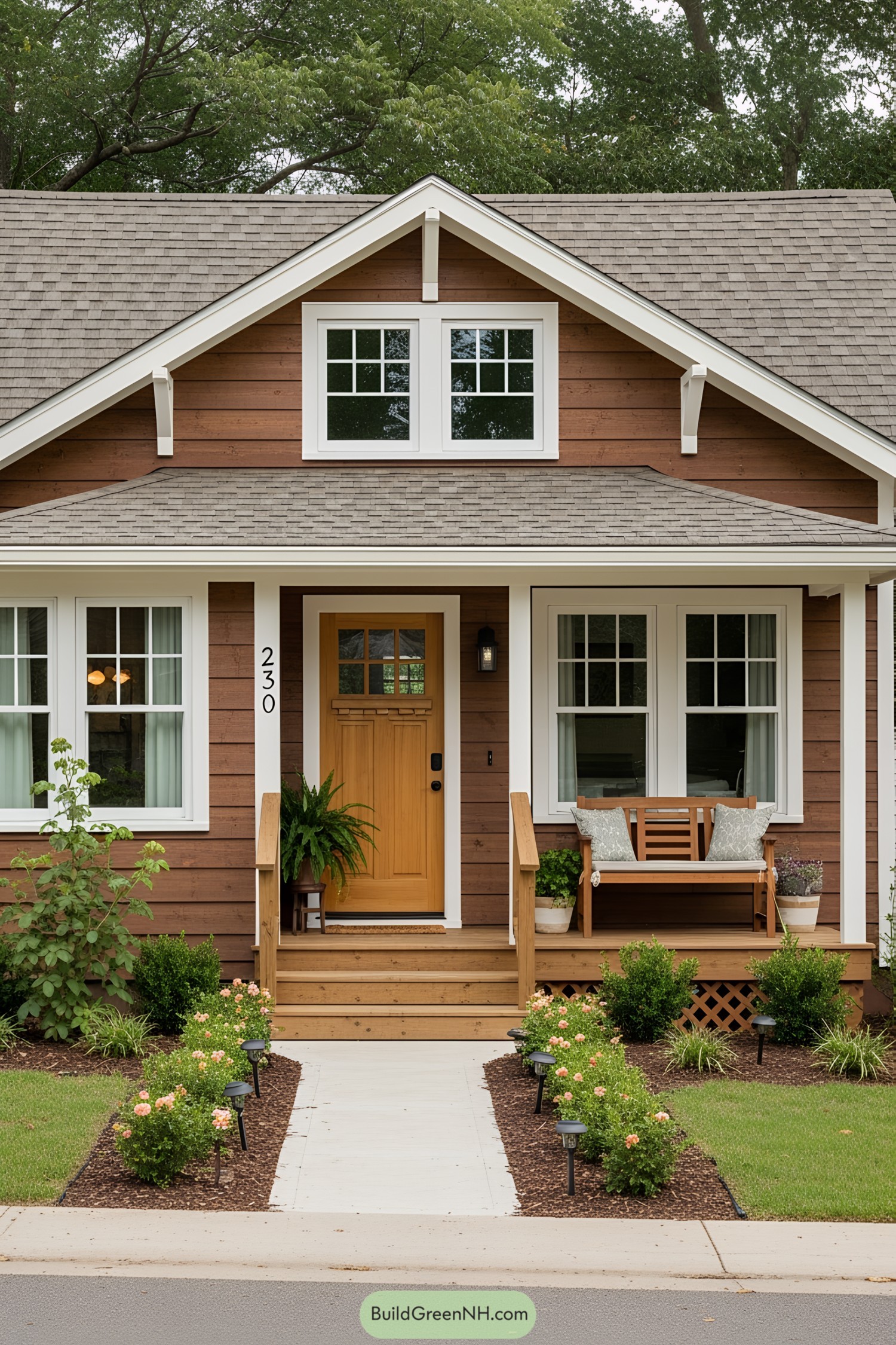 Brown house with a welcoming porch and flower-lined path