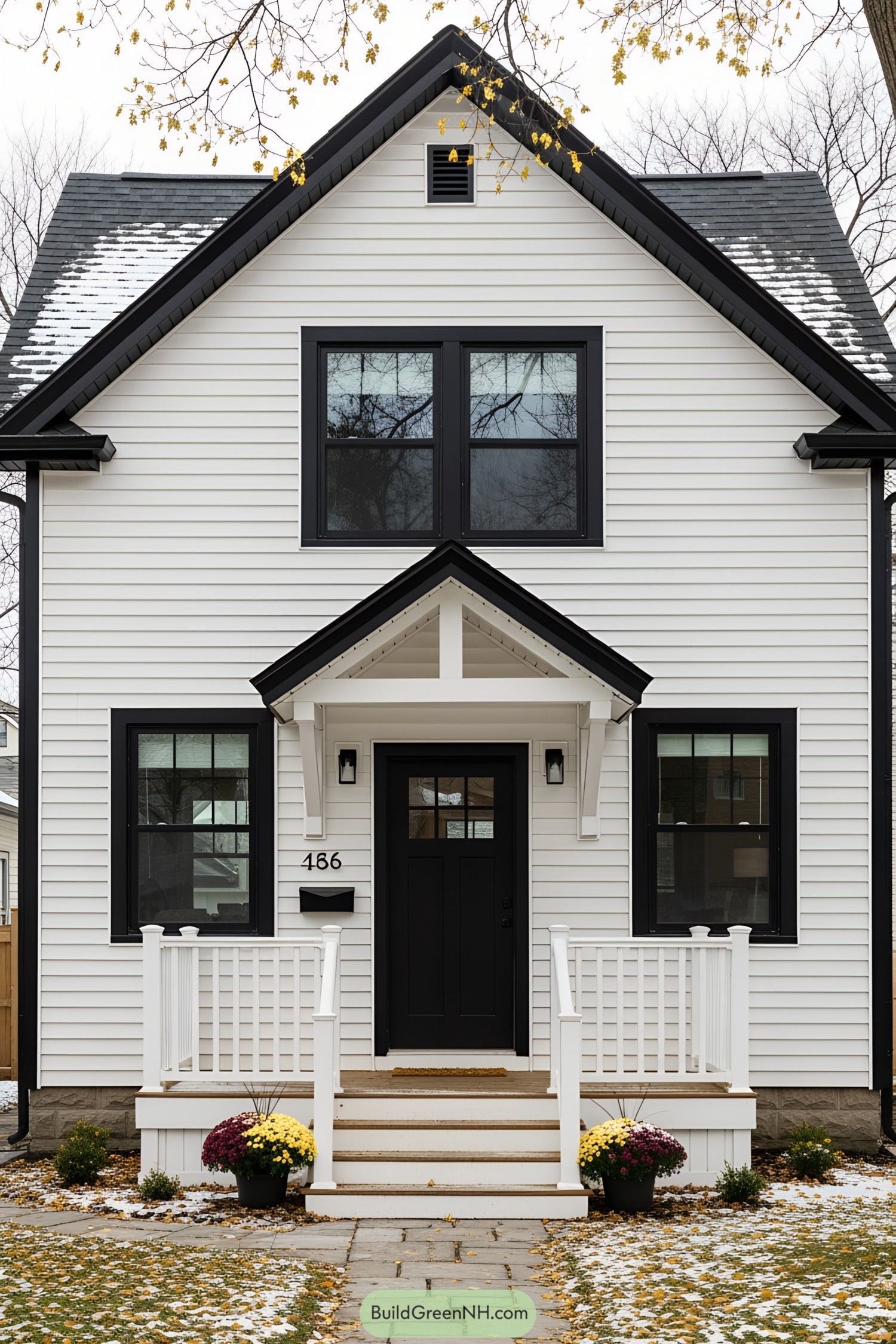 Cozy white house with black accents