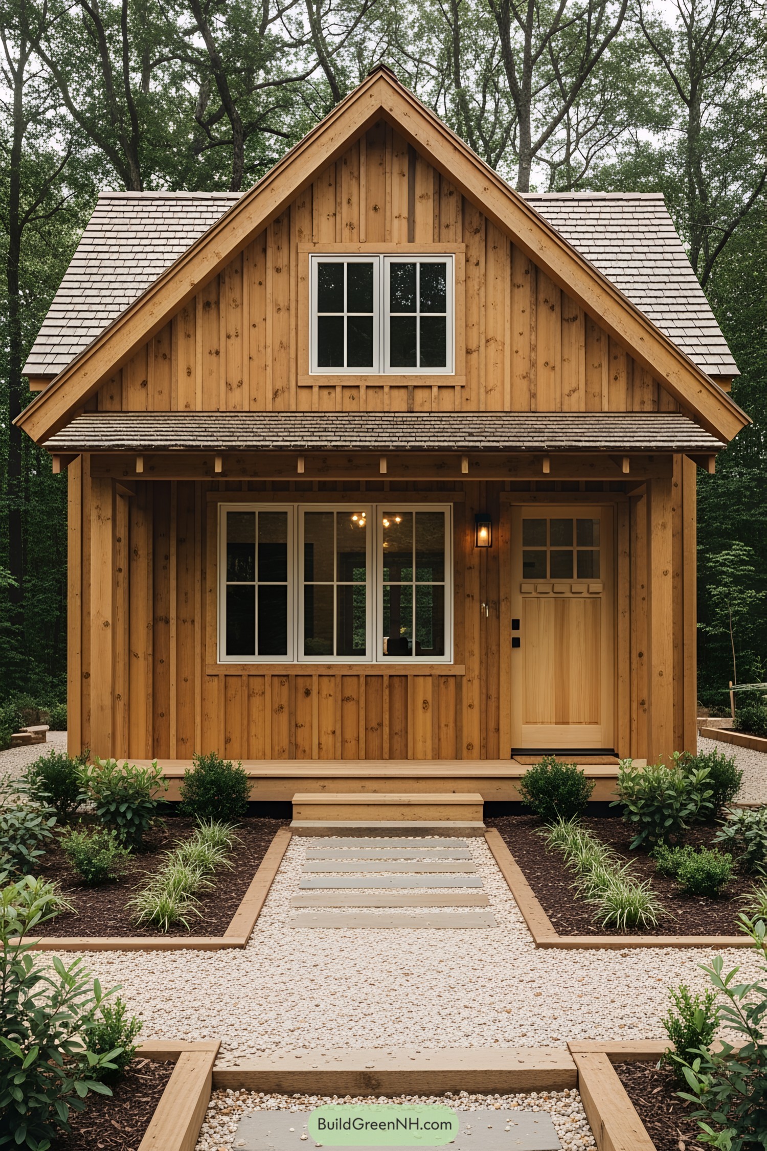 Small wooden house with a pitched roof and front garden