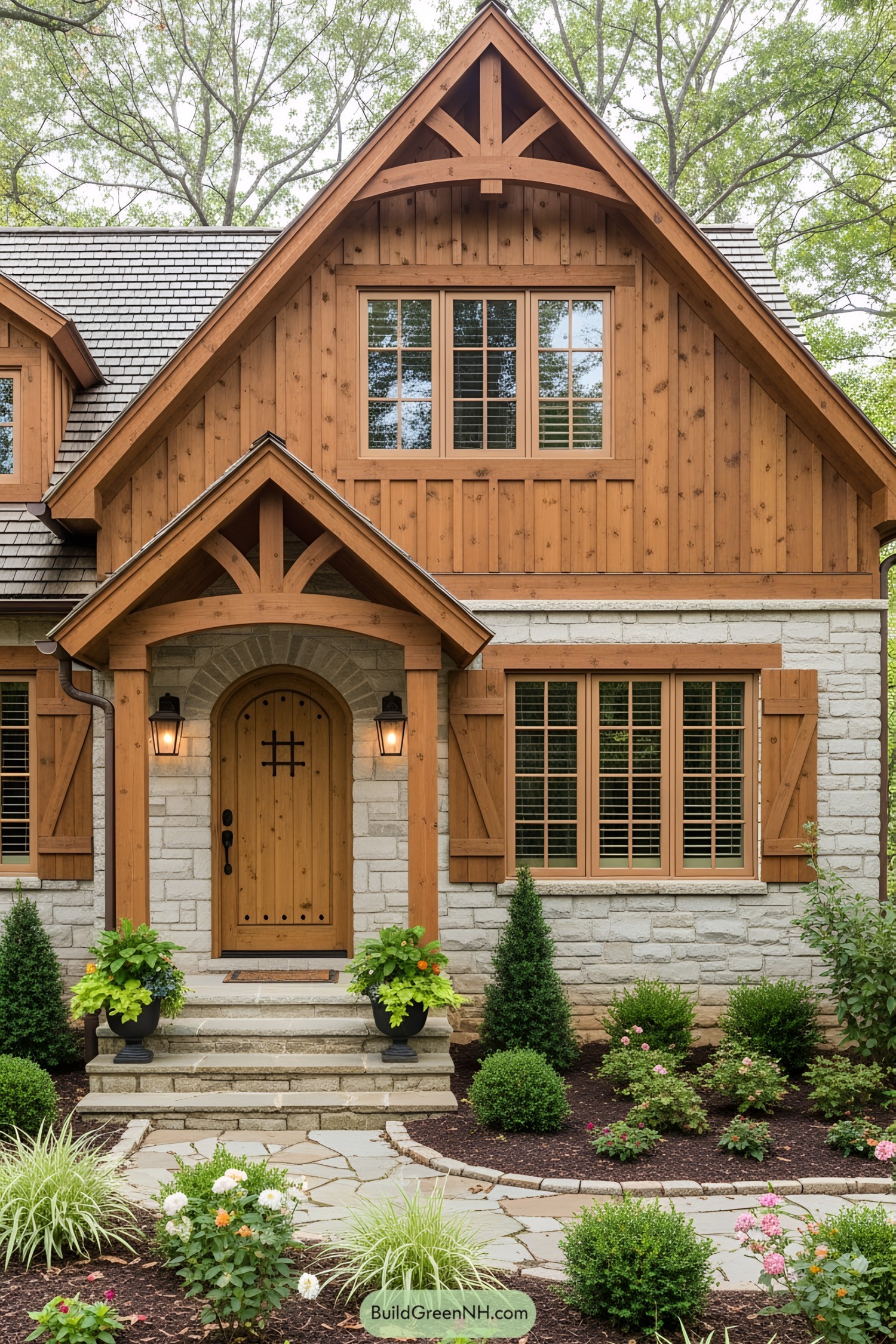Cozy wooden house with charming details and lush garden