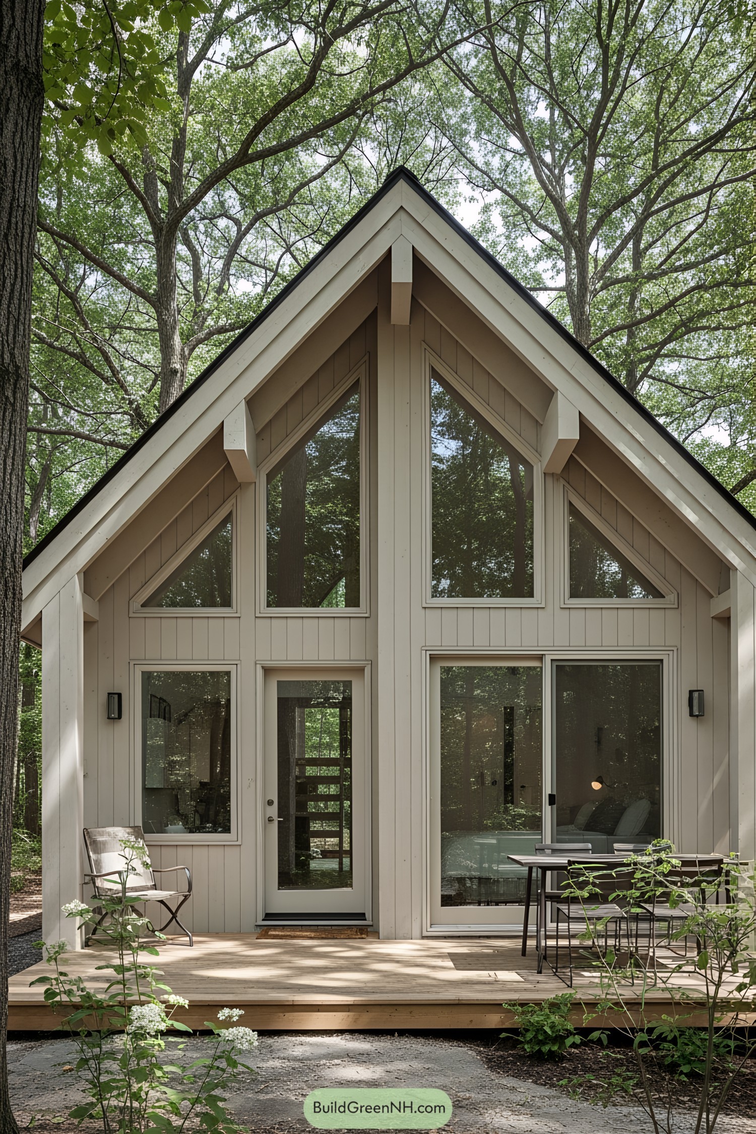 A cozy A-frame house with large windows surrounded by trees