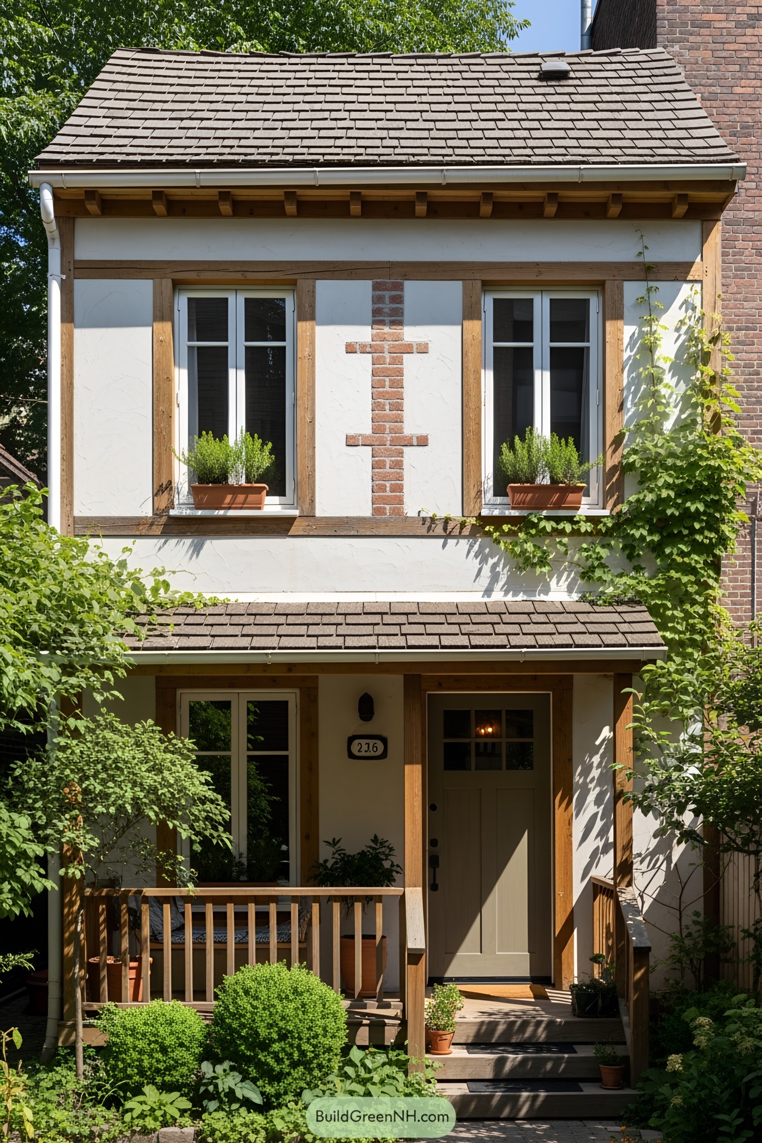 Compact home with a rustic facade and lush greenery