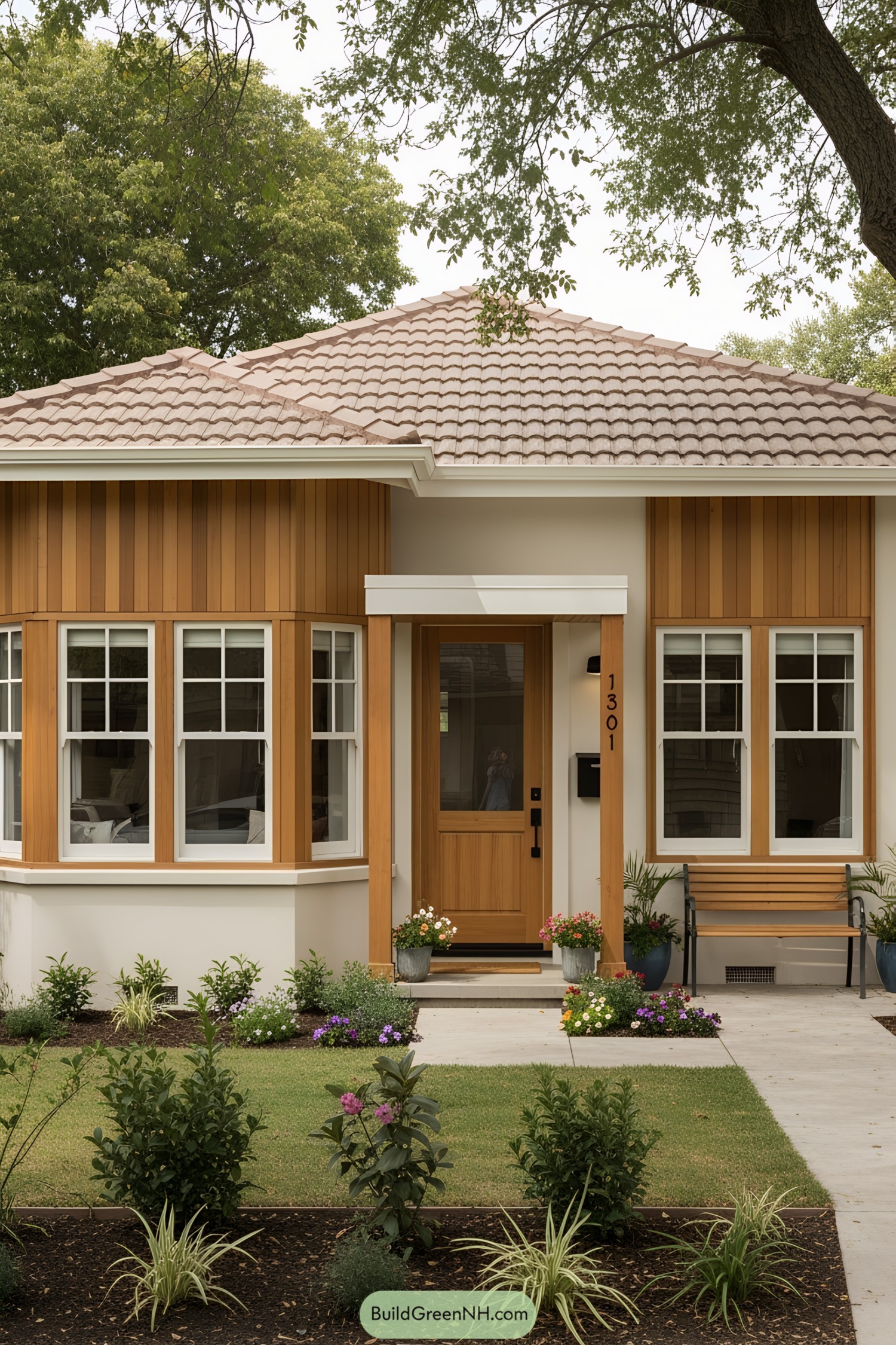 Cozy small house with a wooden facade and lush garden