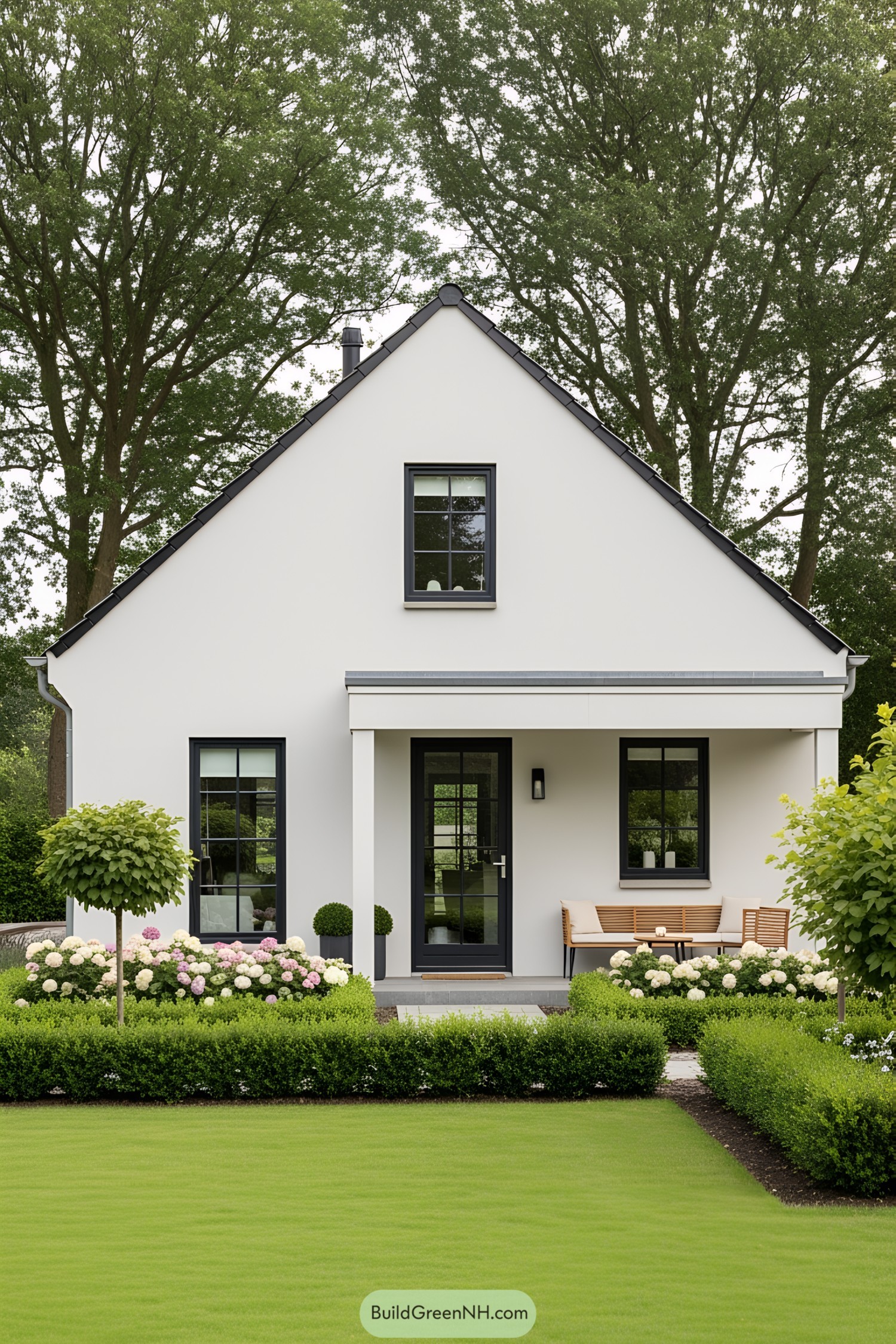Compact white house with a sleek modern design and a cozy front porch
