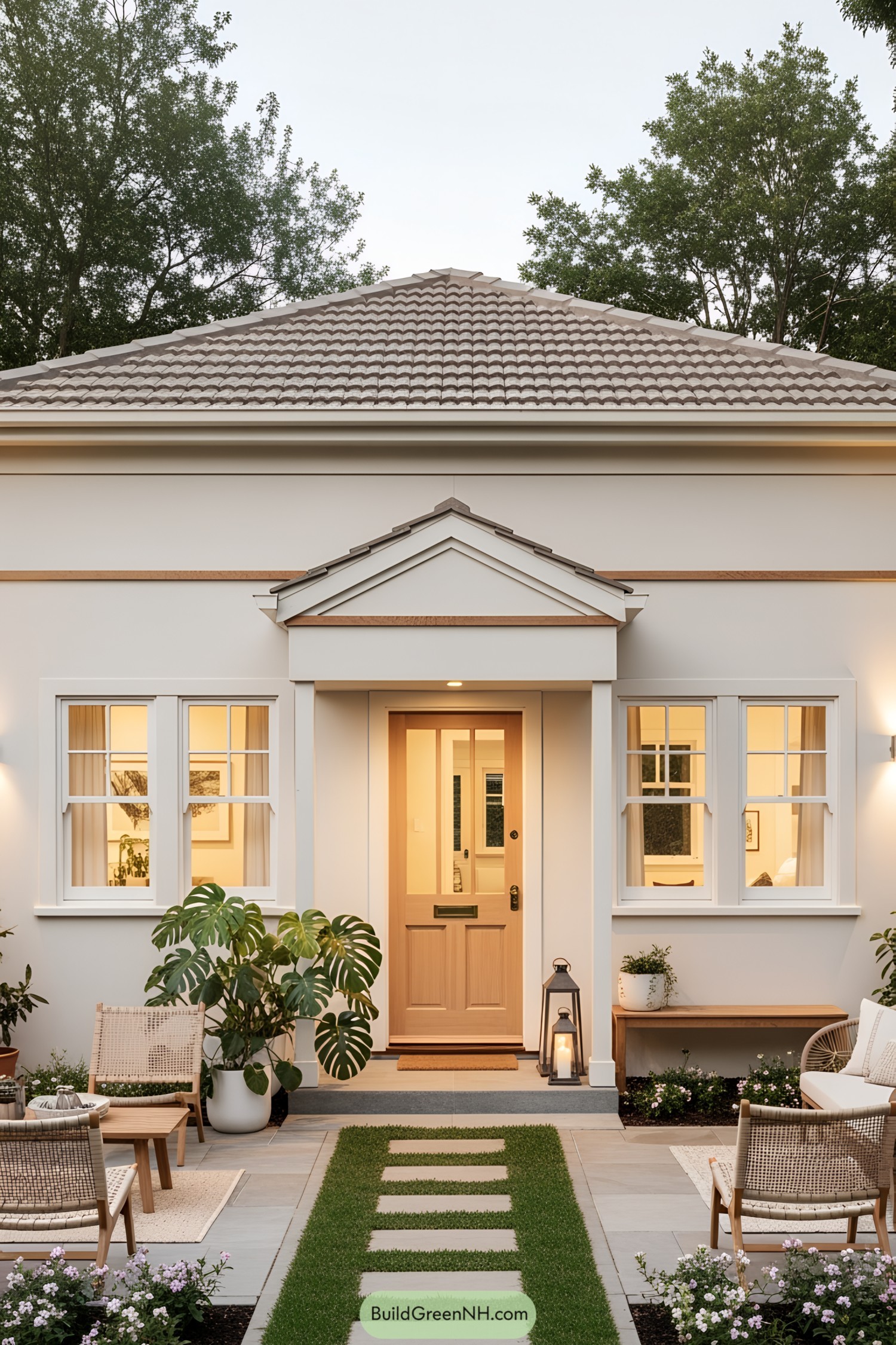 Cozy house with a tiled roof and inviting porch