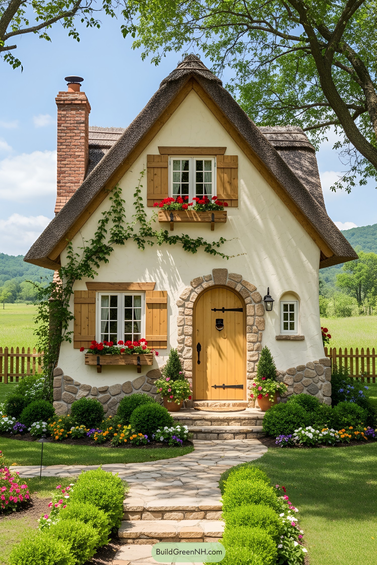 Cozy storybook cottage surrounded by lush greenery and vibrant flowers