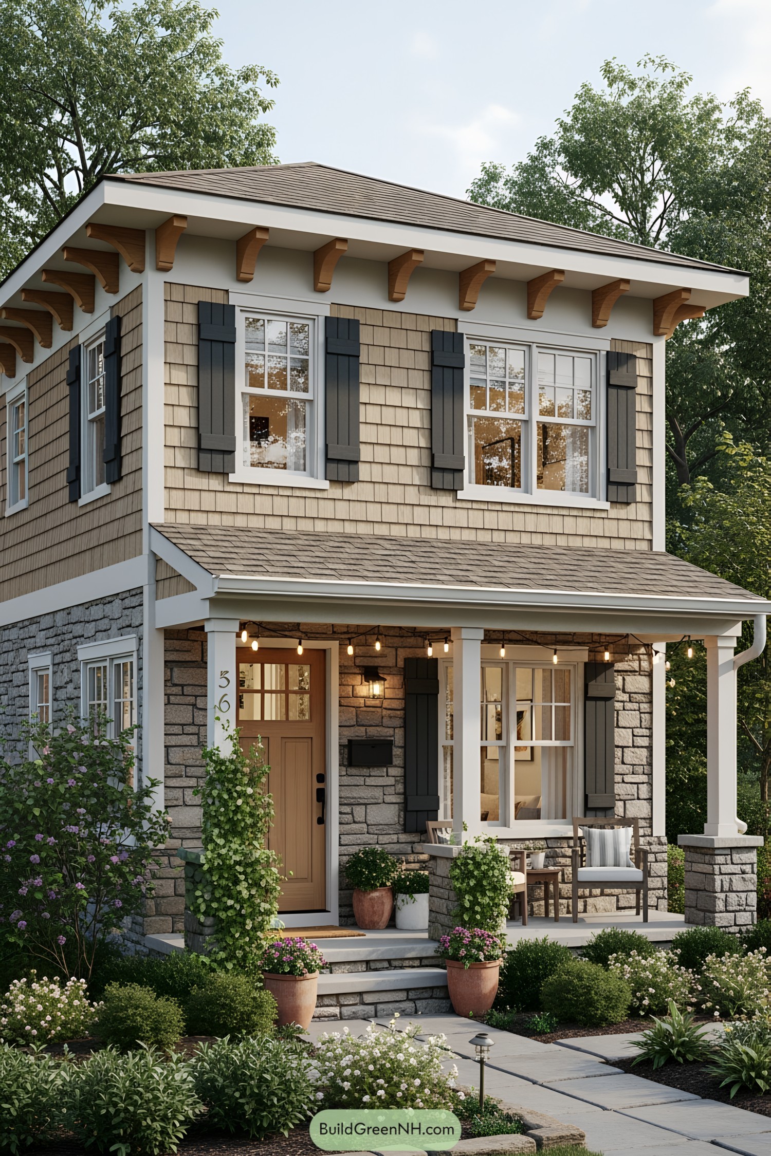 Cozy two-story house with a stone facade and front porch