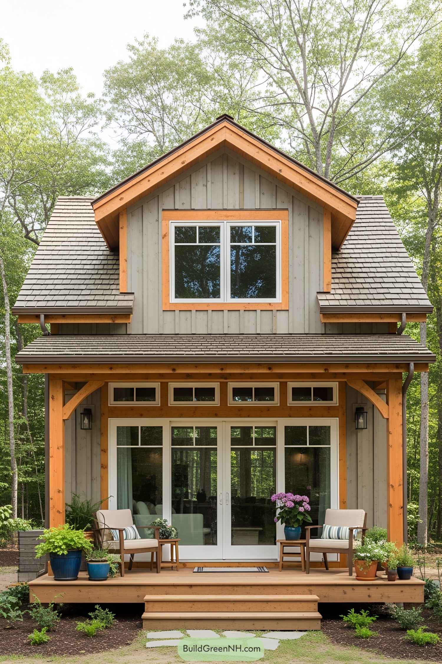 Compact house with a welcoming porch and large windows