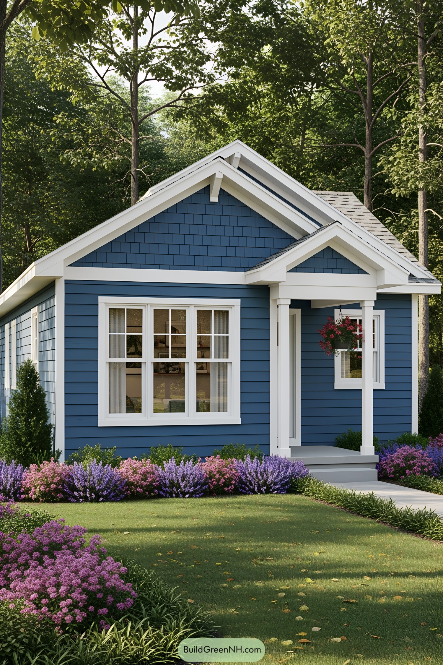 Compact blue house with white trim surrounded by colorful flowers