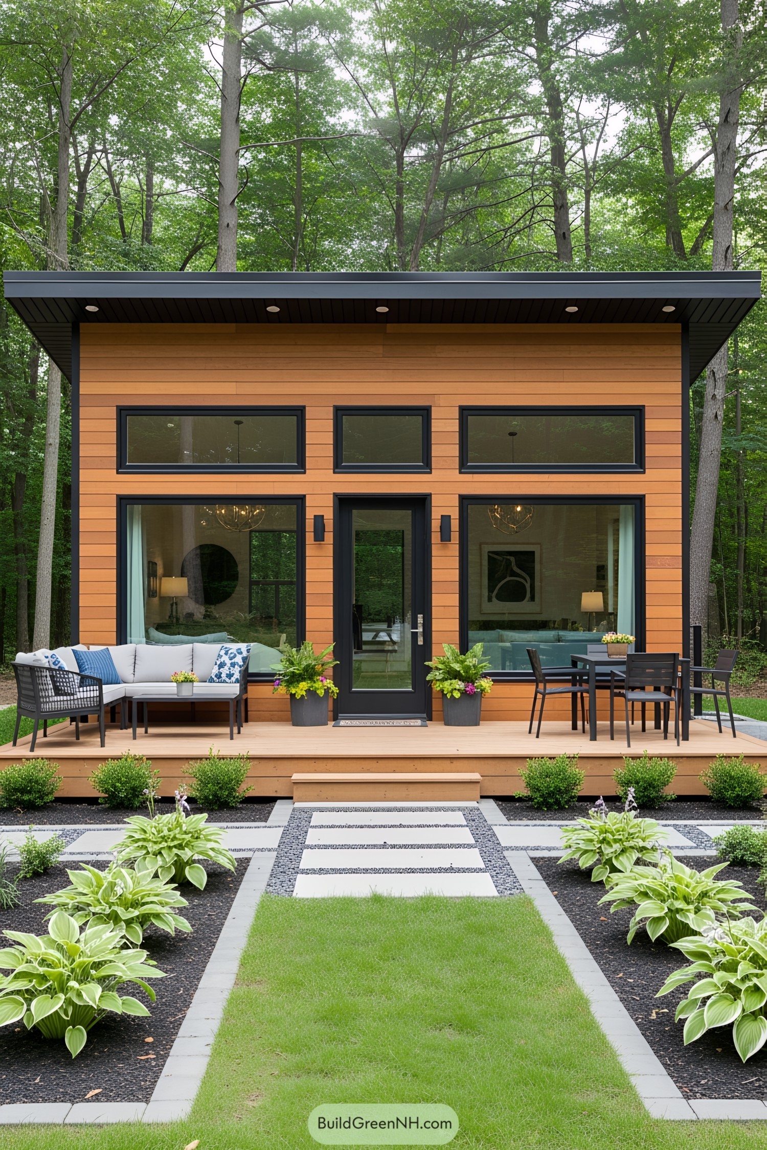 Contemporary small house with wooden siding in a lush forest