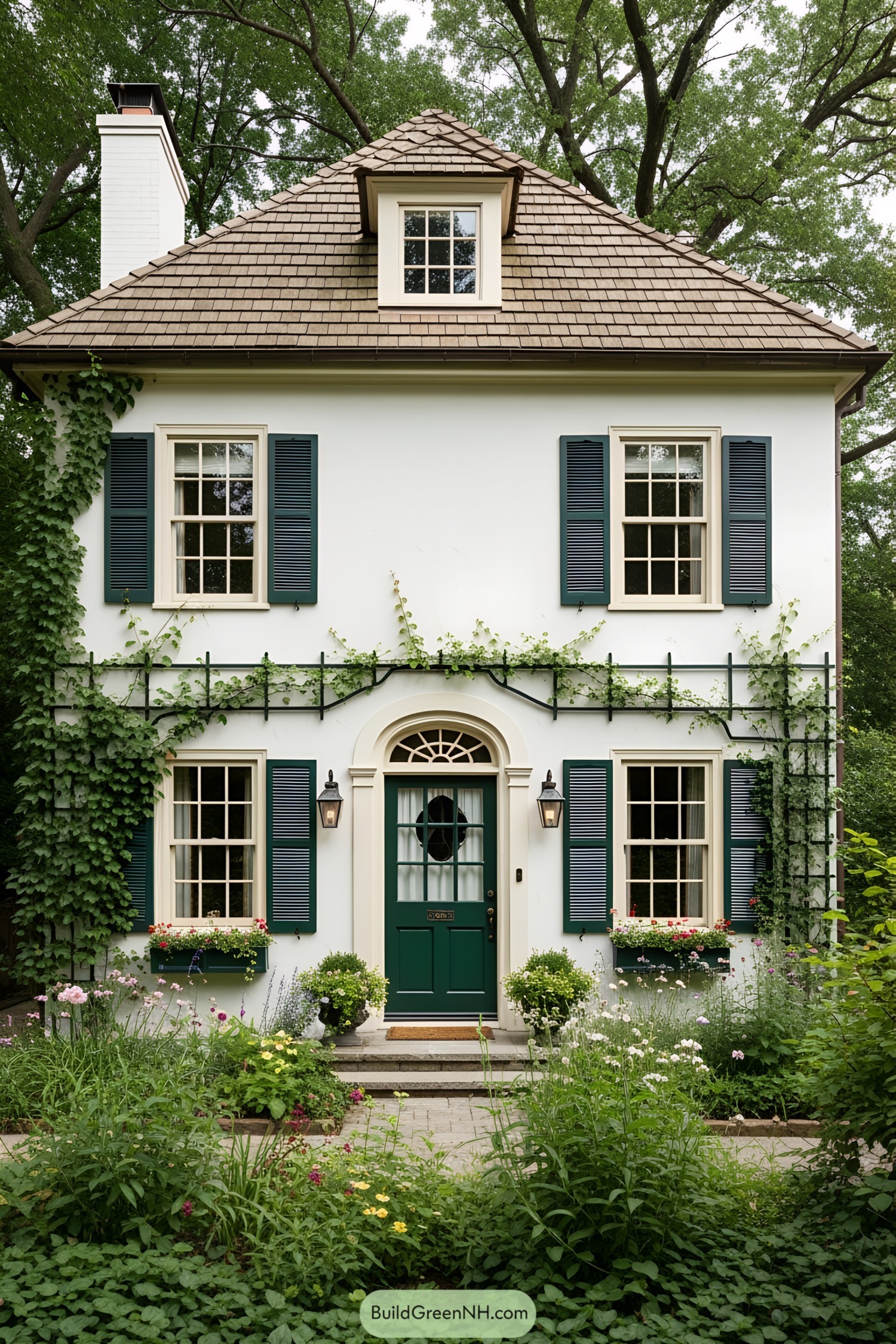 White house with green shutters surrounded by lush greenery