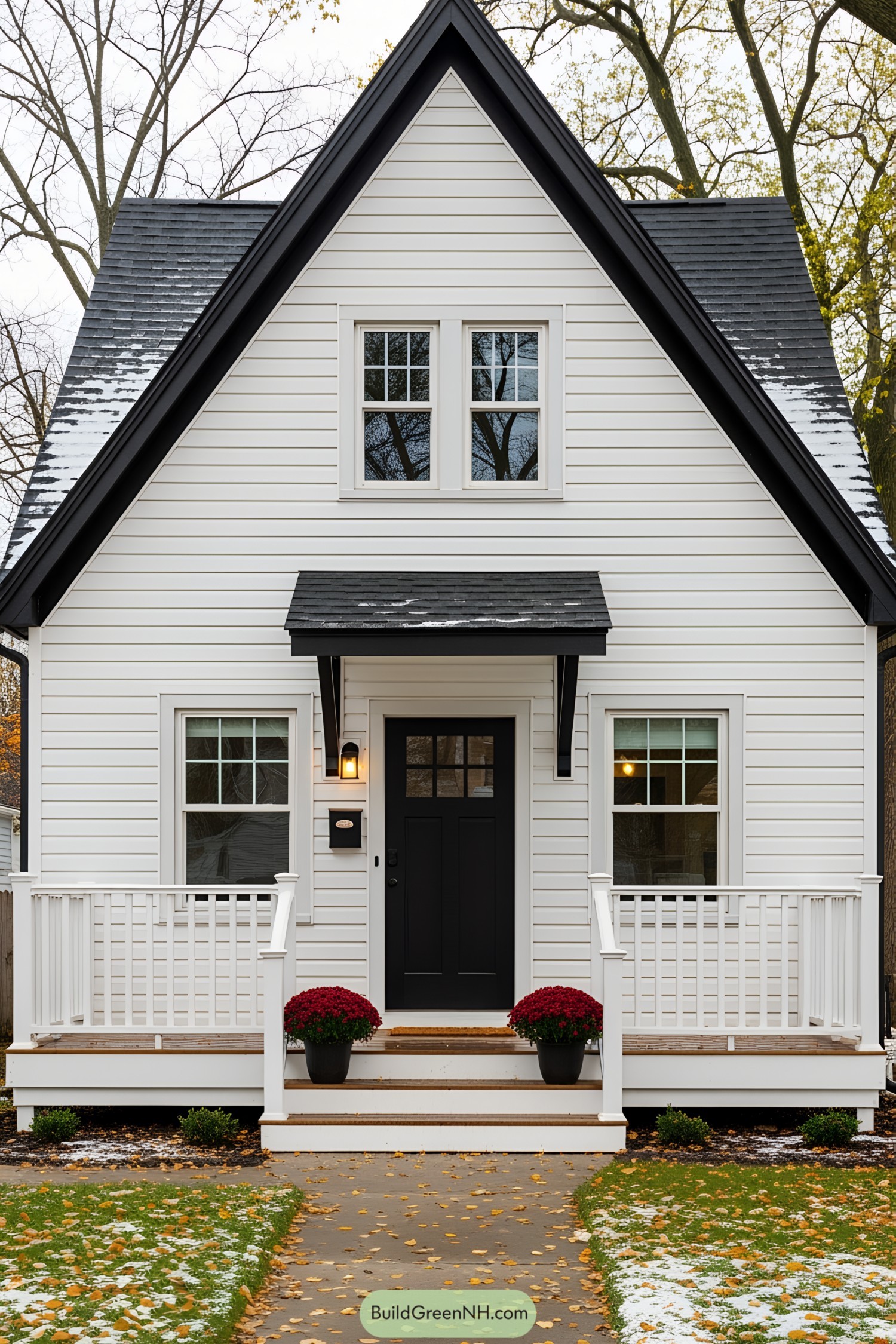 Cozy white cottage with steep roof and porch