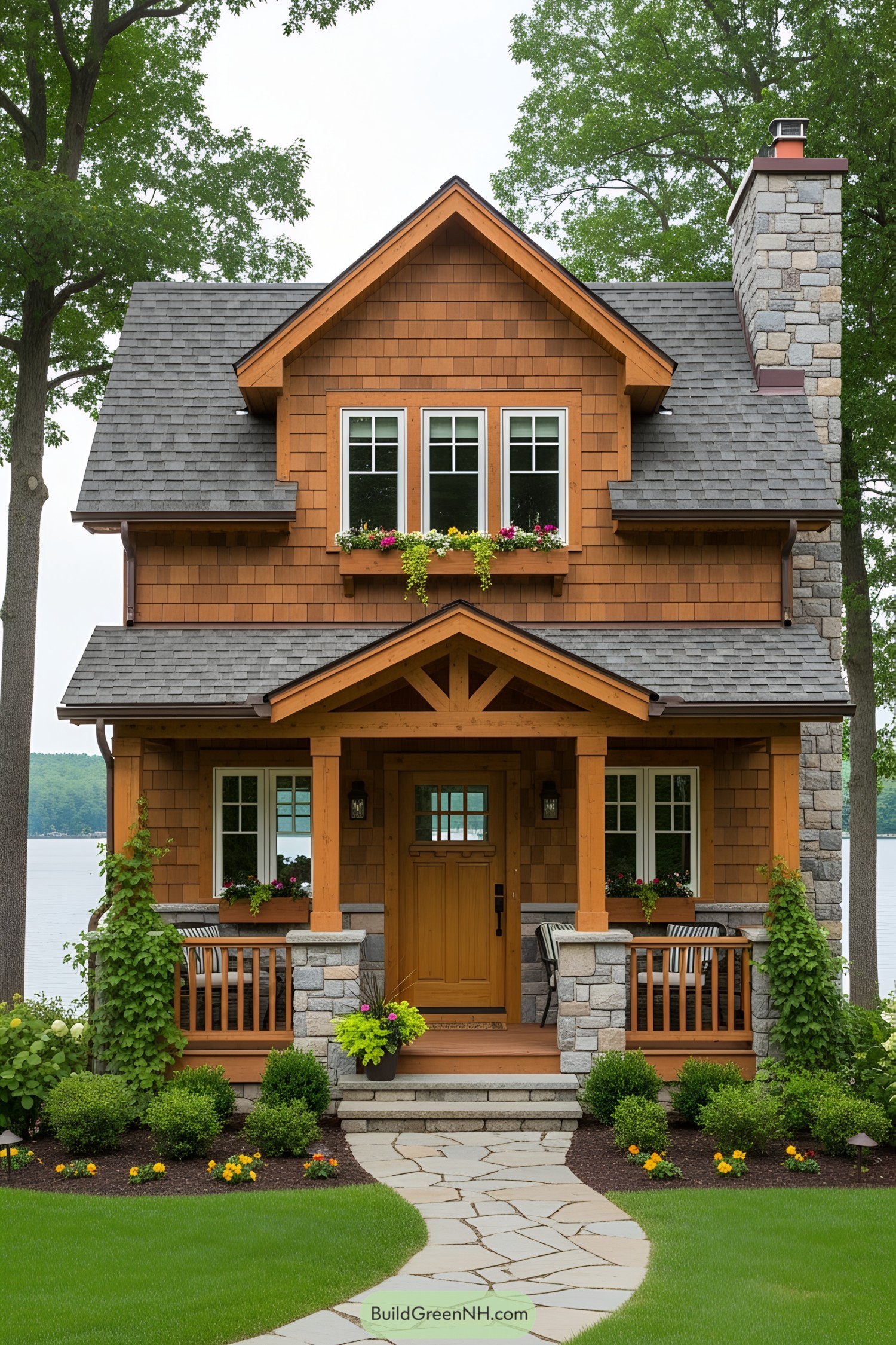 Cute, cozy house with a wooden exterior and flower boxes