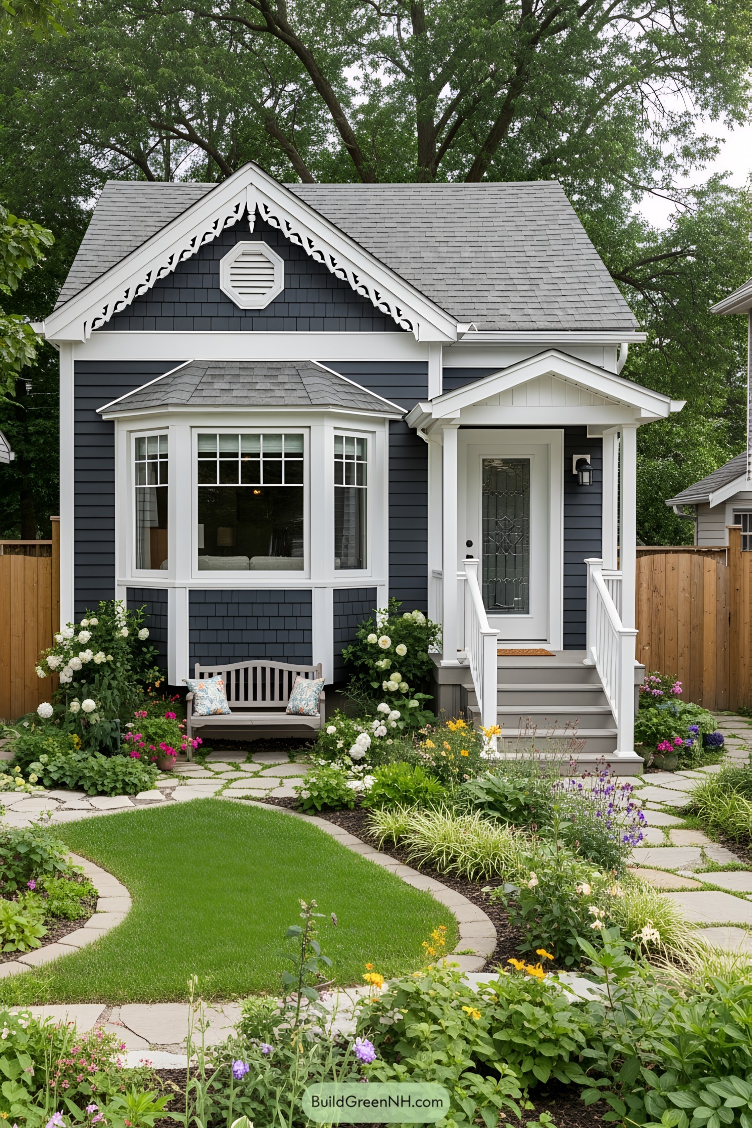 Compact blue house with white trim, surrounded by a vibrant garden