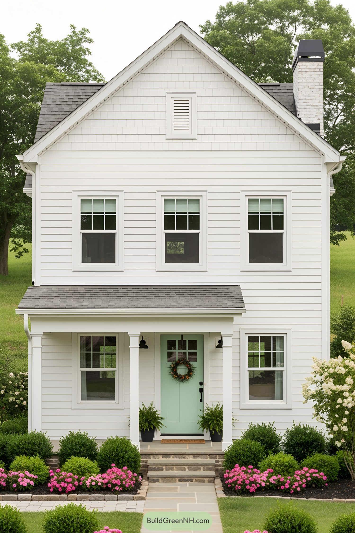 White house with a mint green door and lush garden