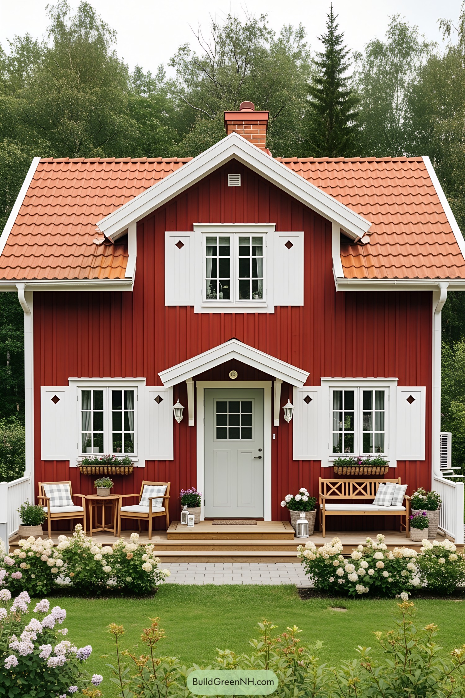Red house with white shutters and a lush garden