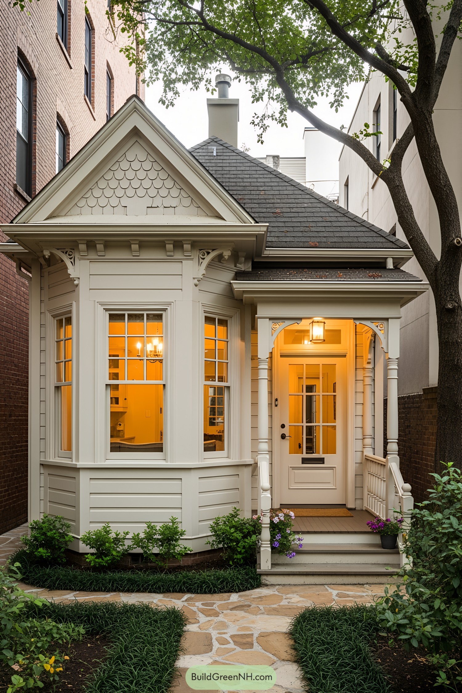 Charming cream-colored tiny house with porch and bay window