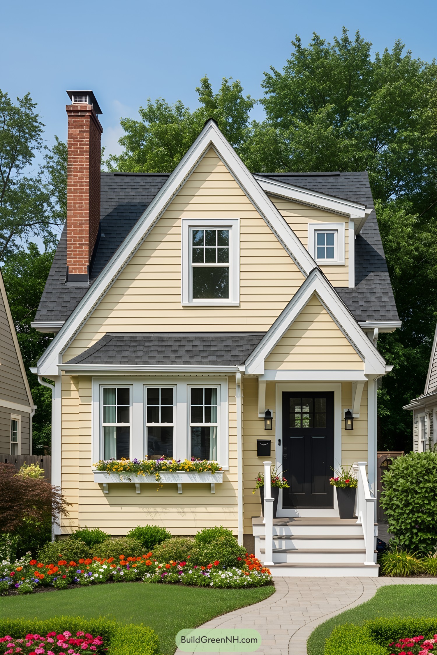 Cozy yellow cottage with a charming porch