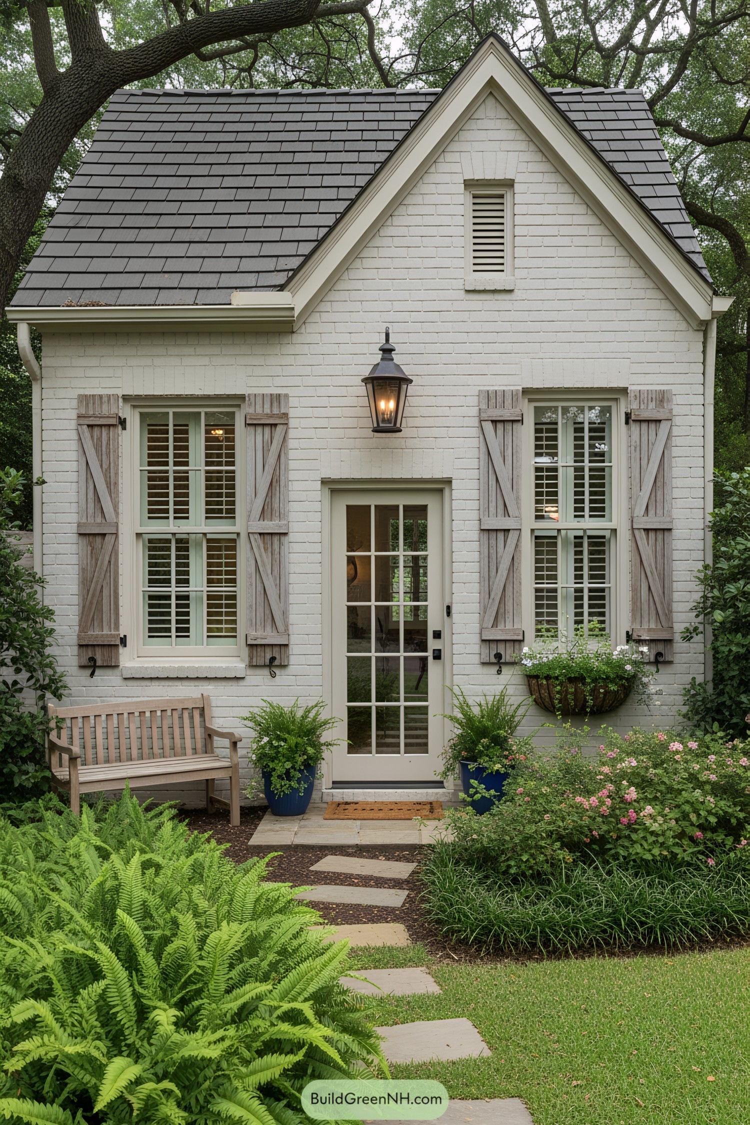 Cozy white brick house with a lush garden