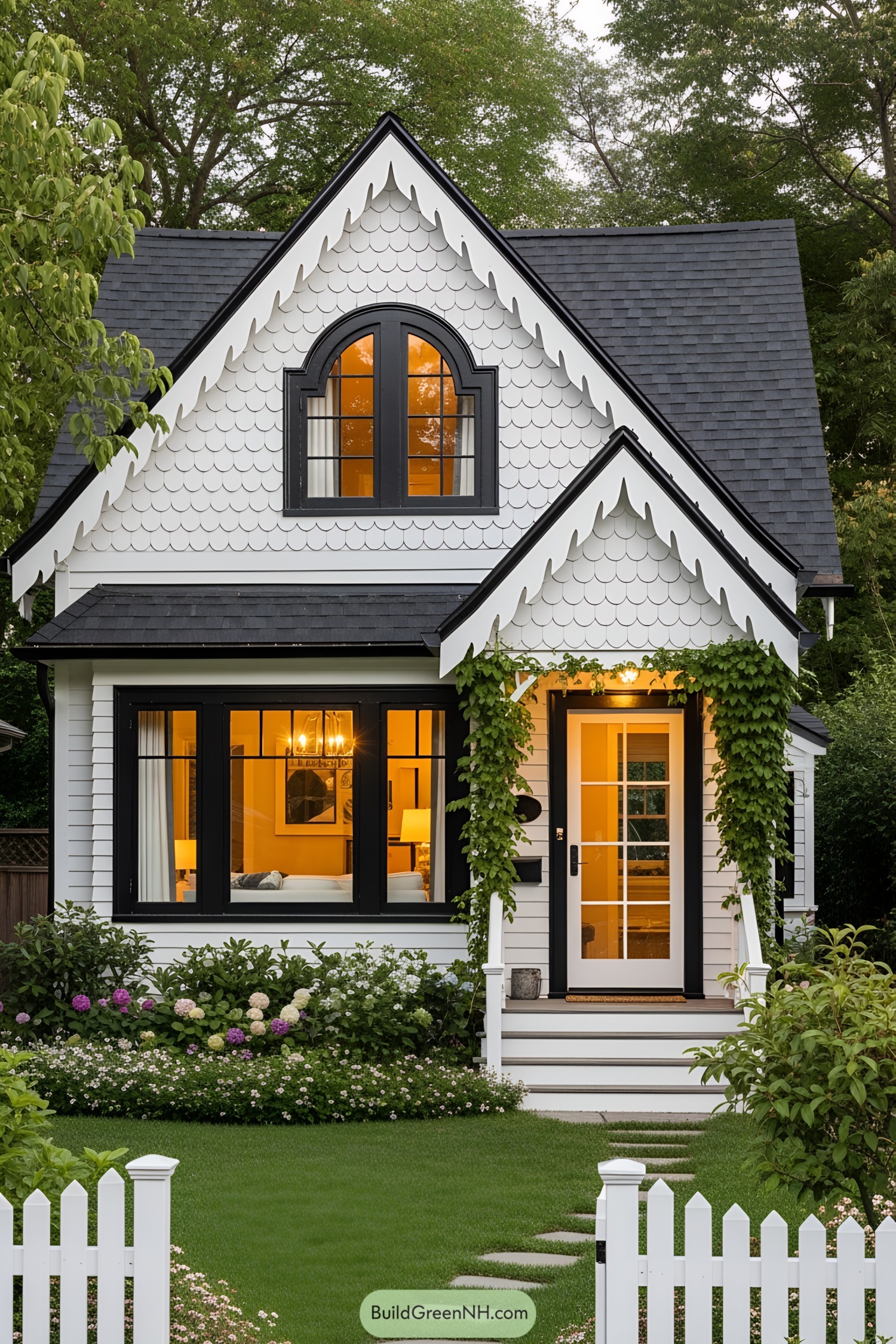 Charming white cottage with a steep roof and cozy garden