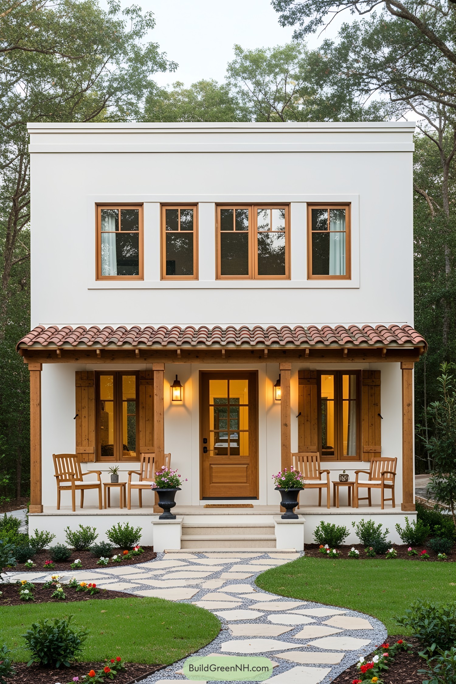 Compact, two-story house with a terracotta roof