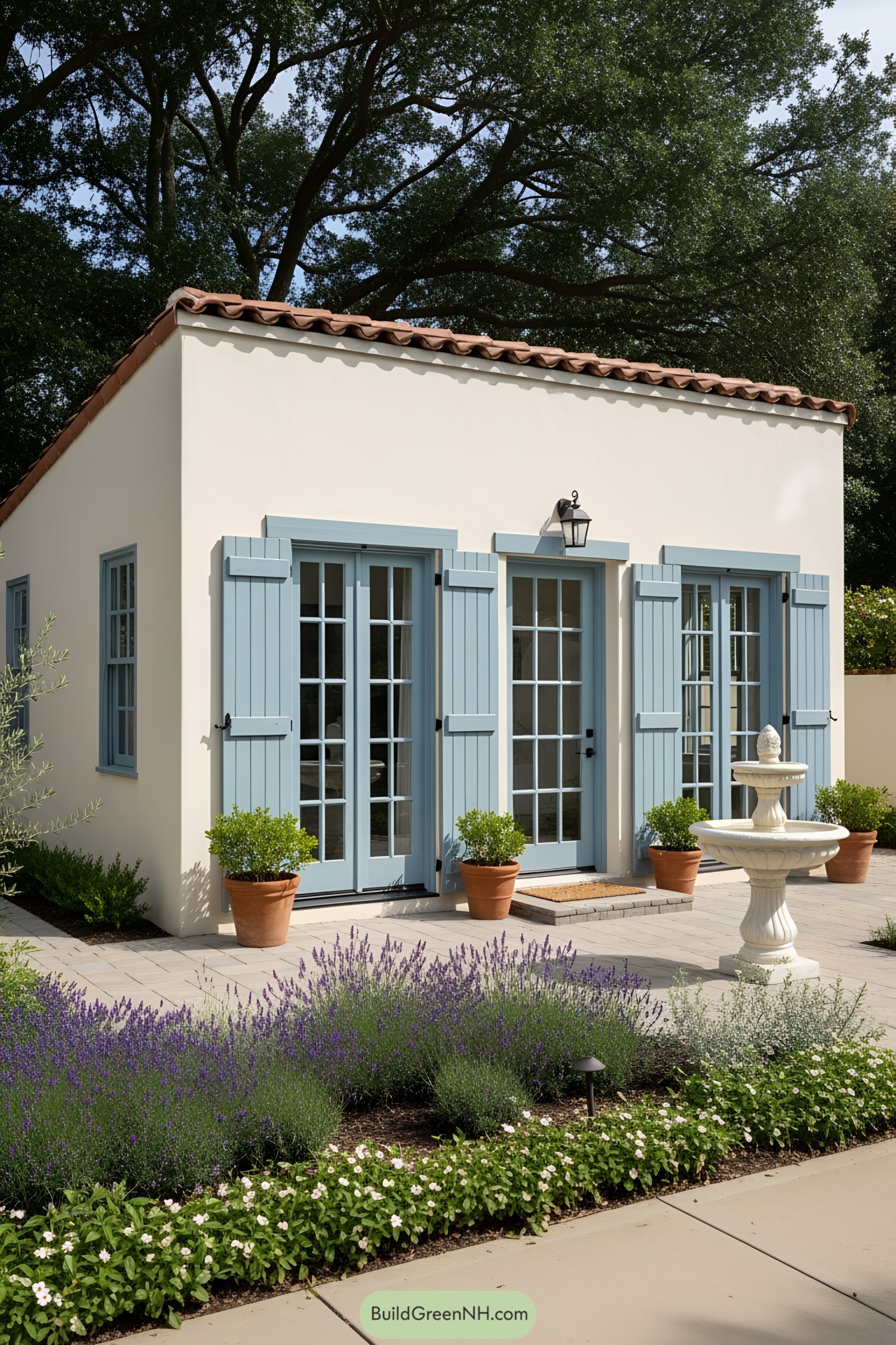 Tiny white house with blue shutters and a fountain