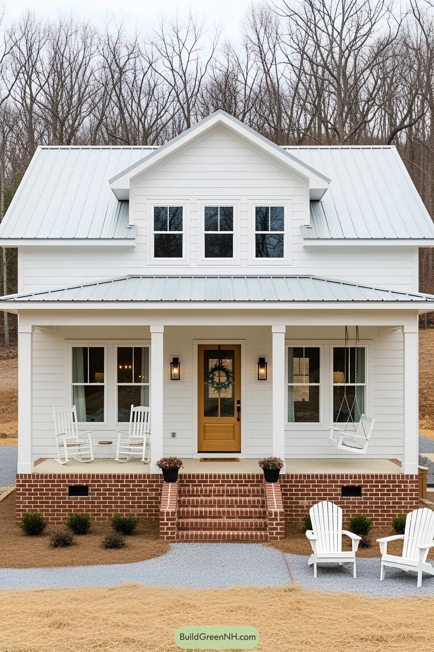White farmhouse with brick steps and porch