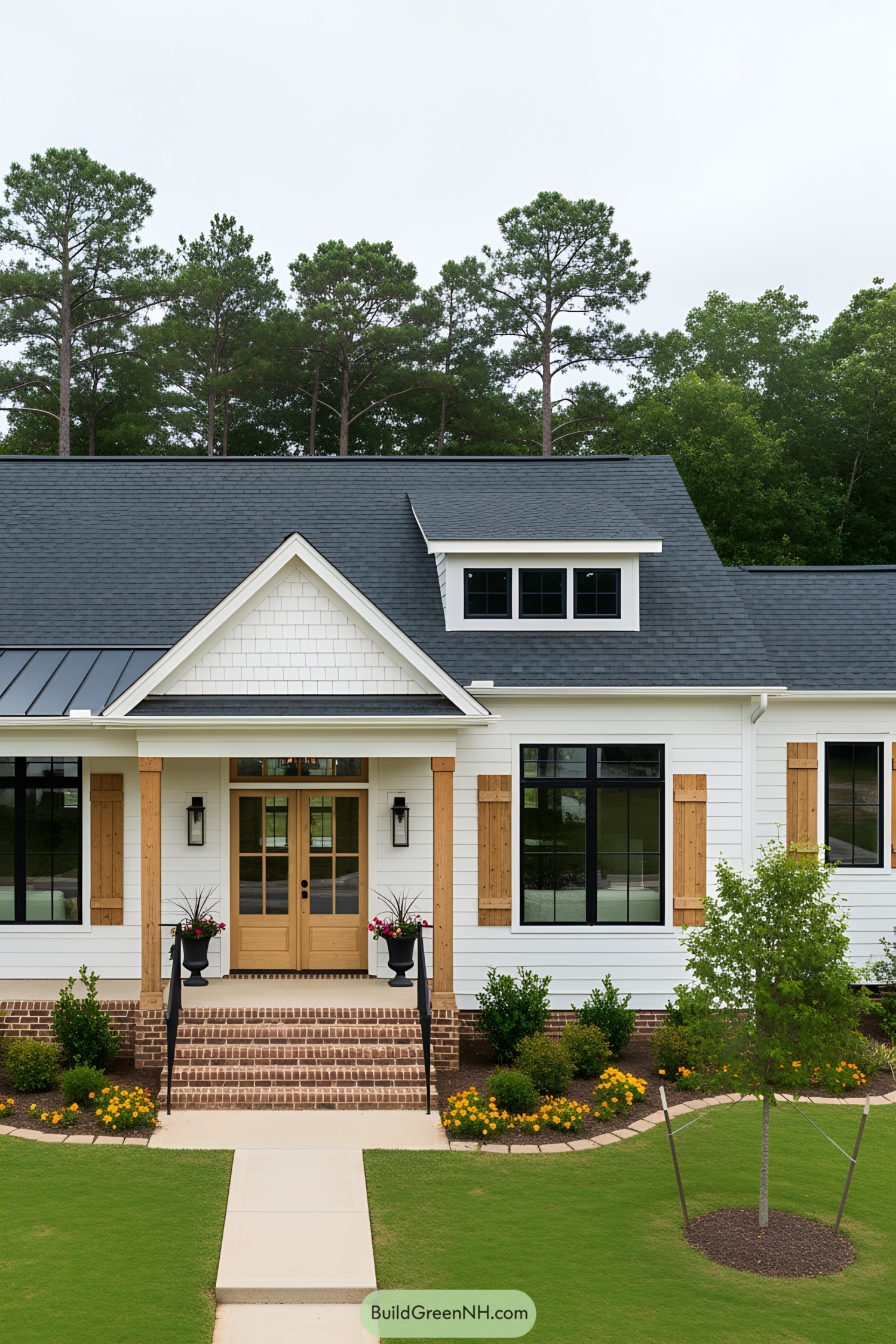 Charming white farmhouse with wooden accents