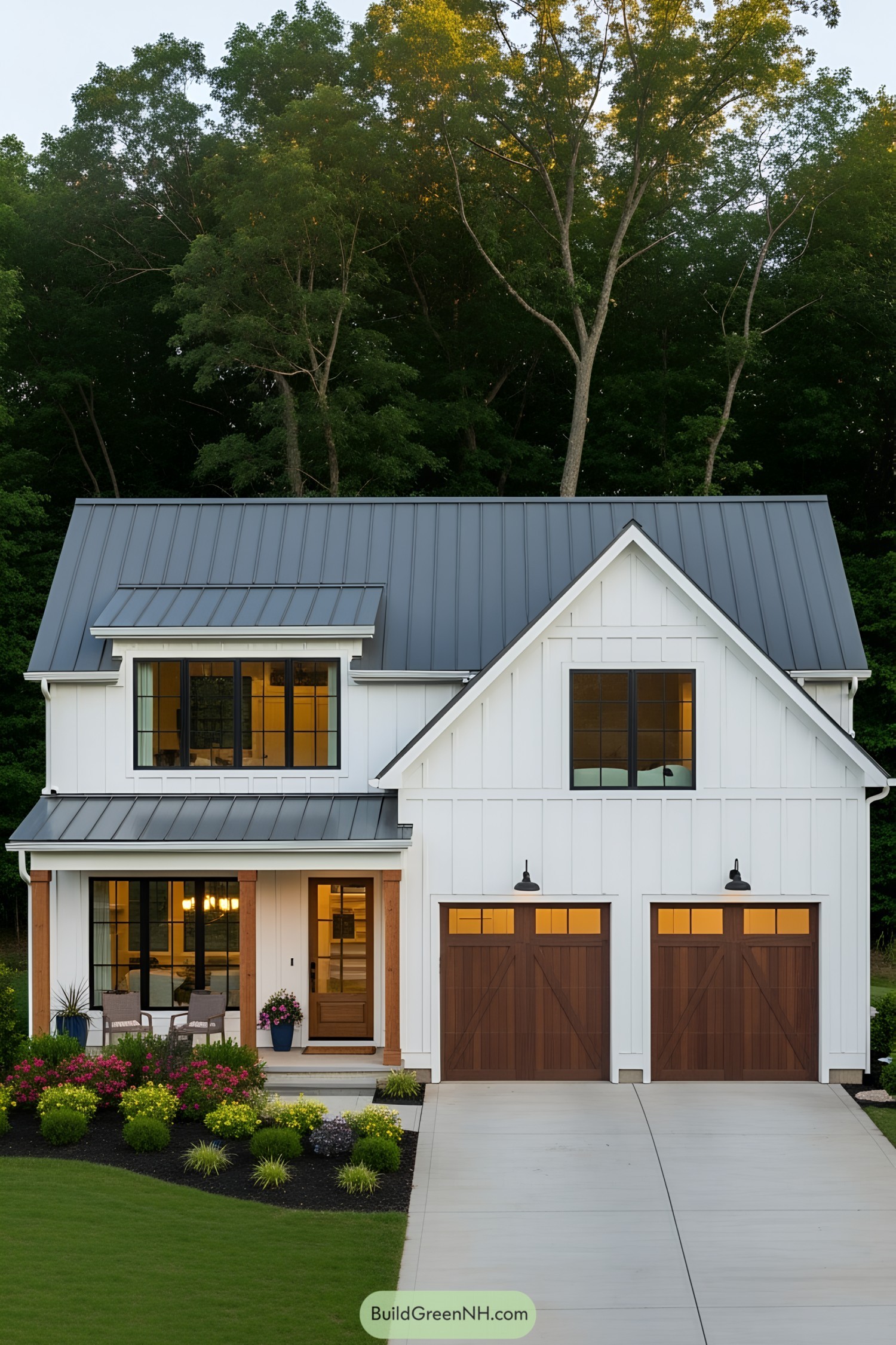 White farmhouse with a modern design and wooden accents