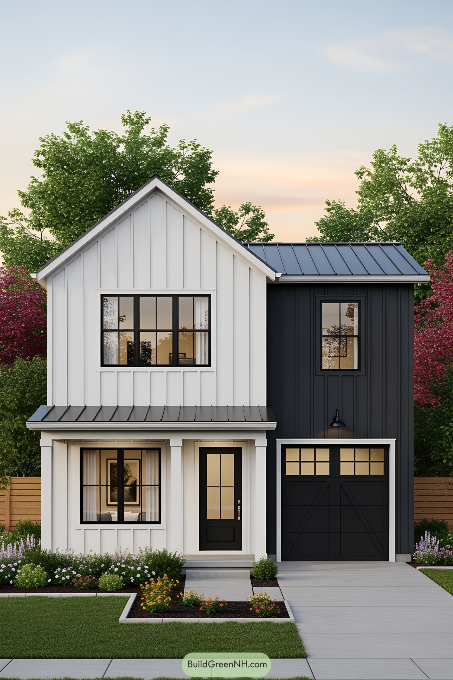 Contemporary farmhouse with contrasting colors