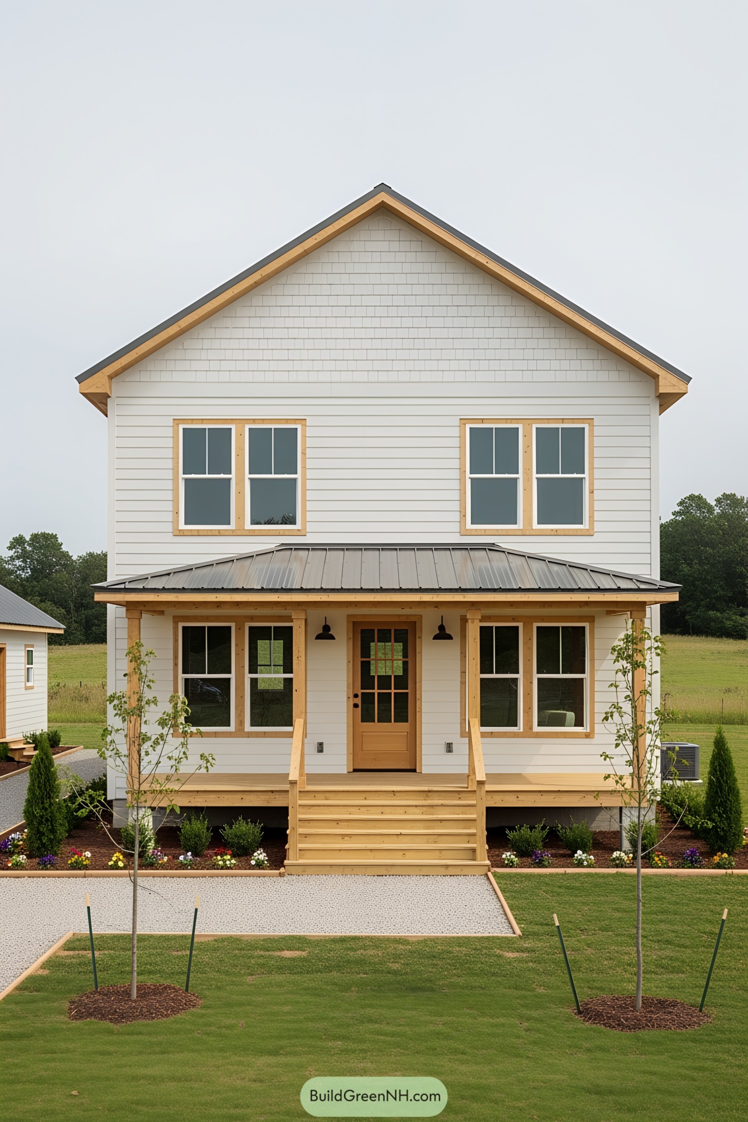 Charming white farmhouse with a wooden porch
