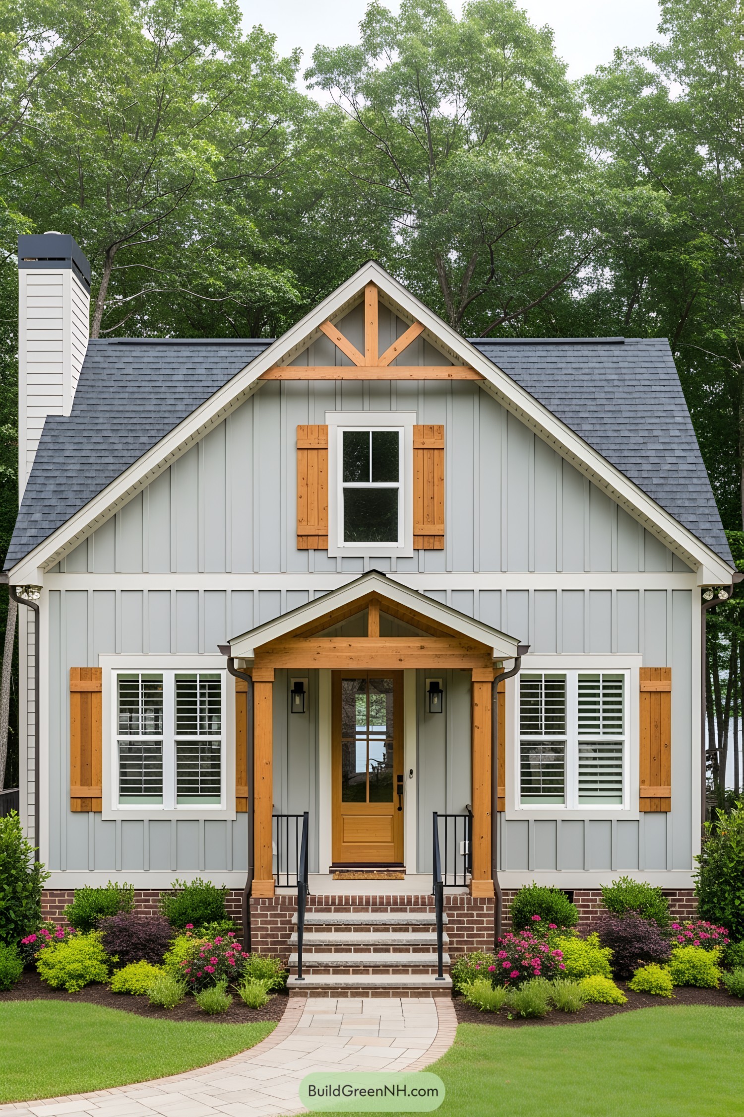 Compact farmhouse with wooden accents and vibrant garden