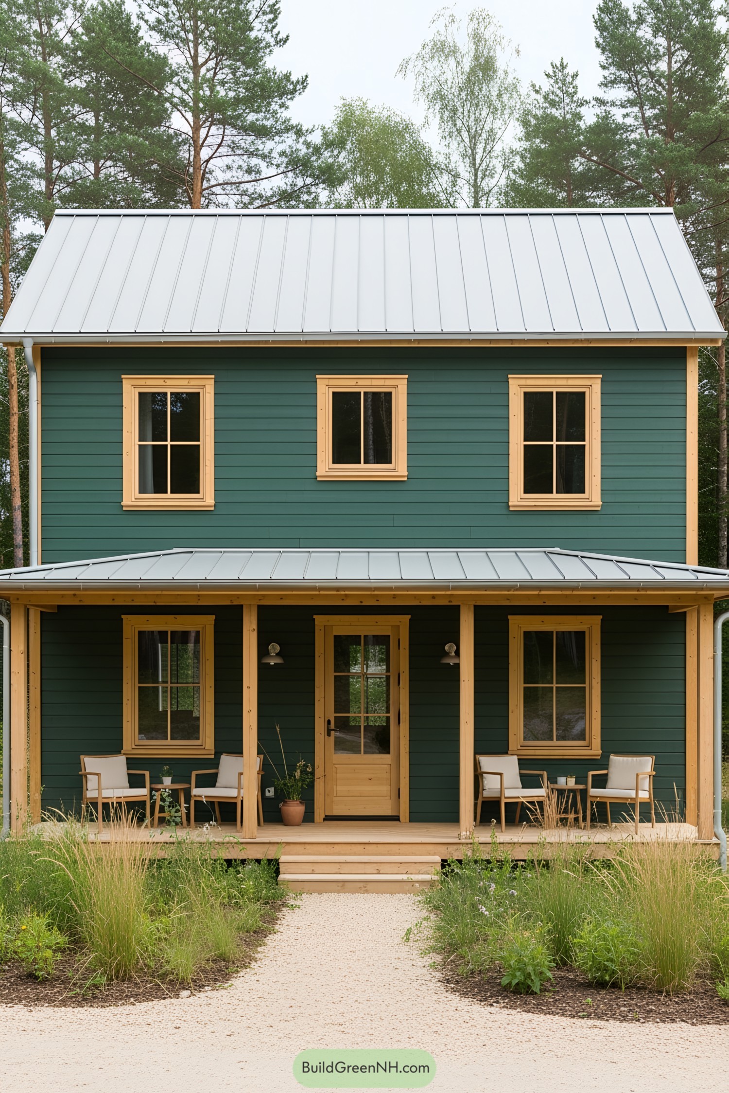 Small green farmhouse with a covered porch and beige trim
