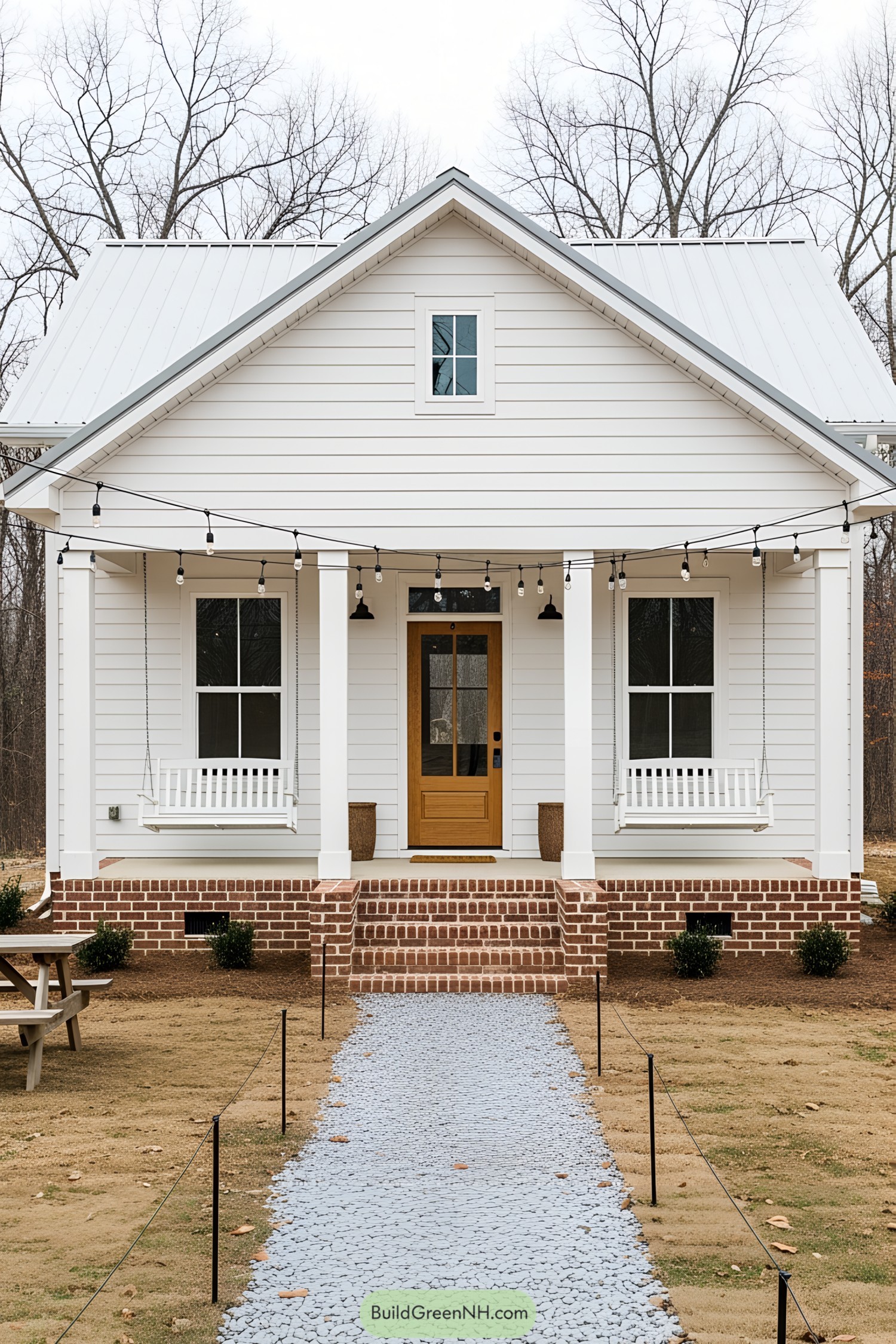 Small farmhouse with a cozy front porch and string lights