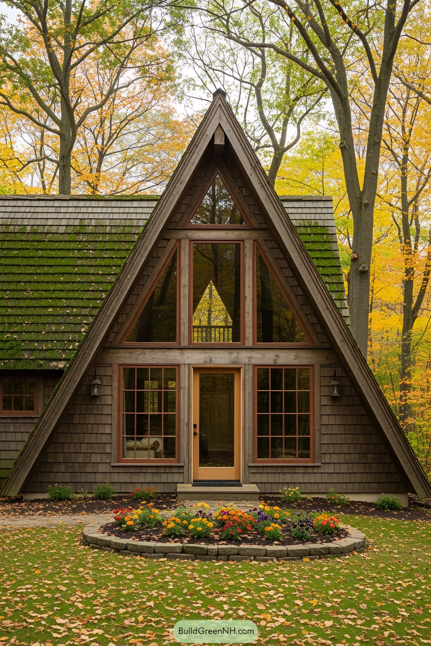 A-frame cabin with large windows nestled in a forest