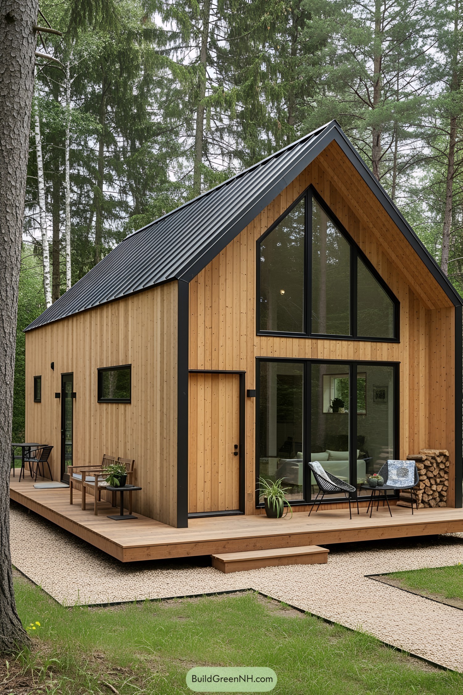Cozy wooden cabin surrounded by trees