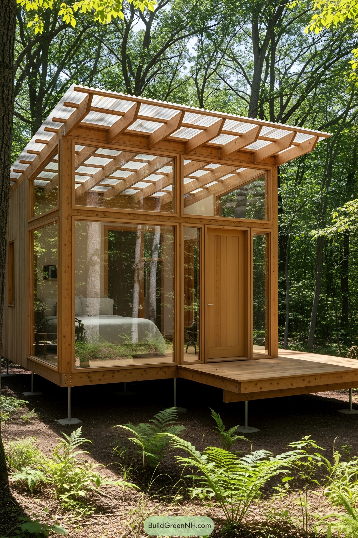 Small glass-walled cabin in forest