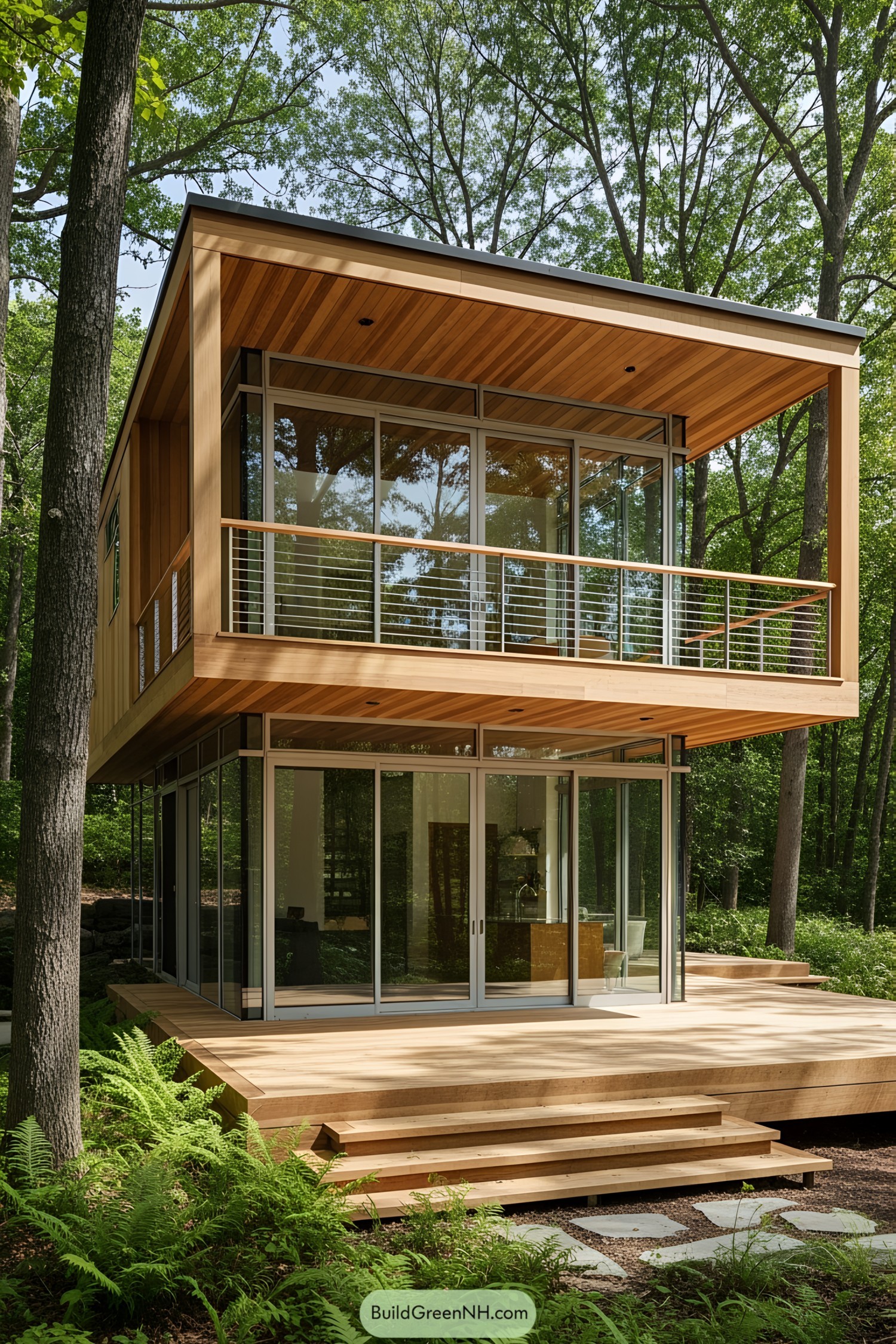 Contemporary forest house with glass walls and a wooden deck