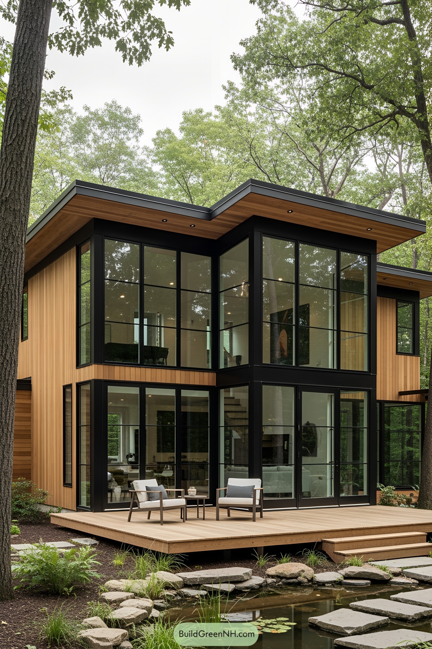 Modern forest house with large glass panels and wood accents