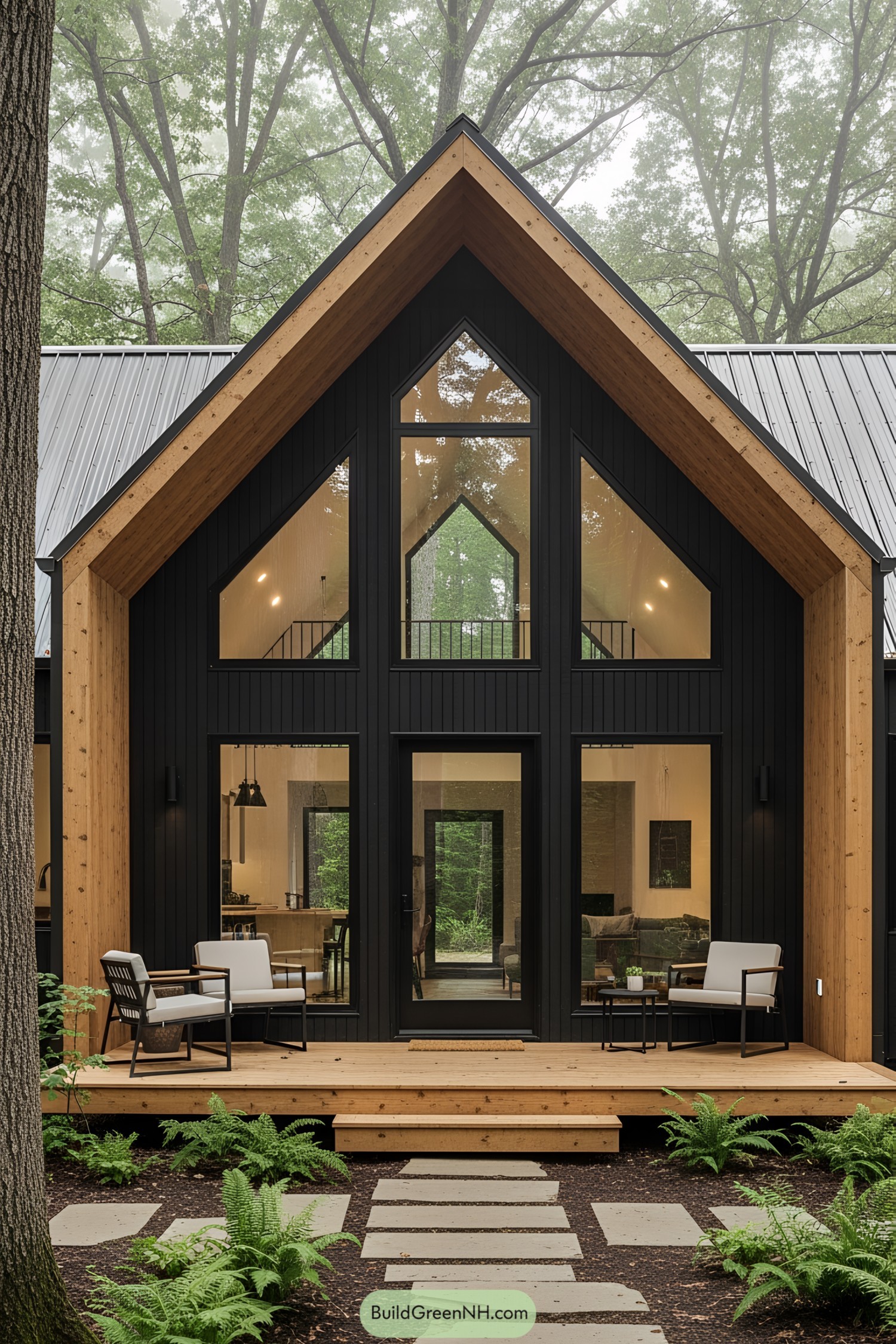 A-frame forest house with large windows and a cozy porch