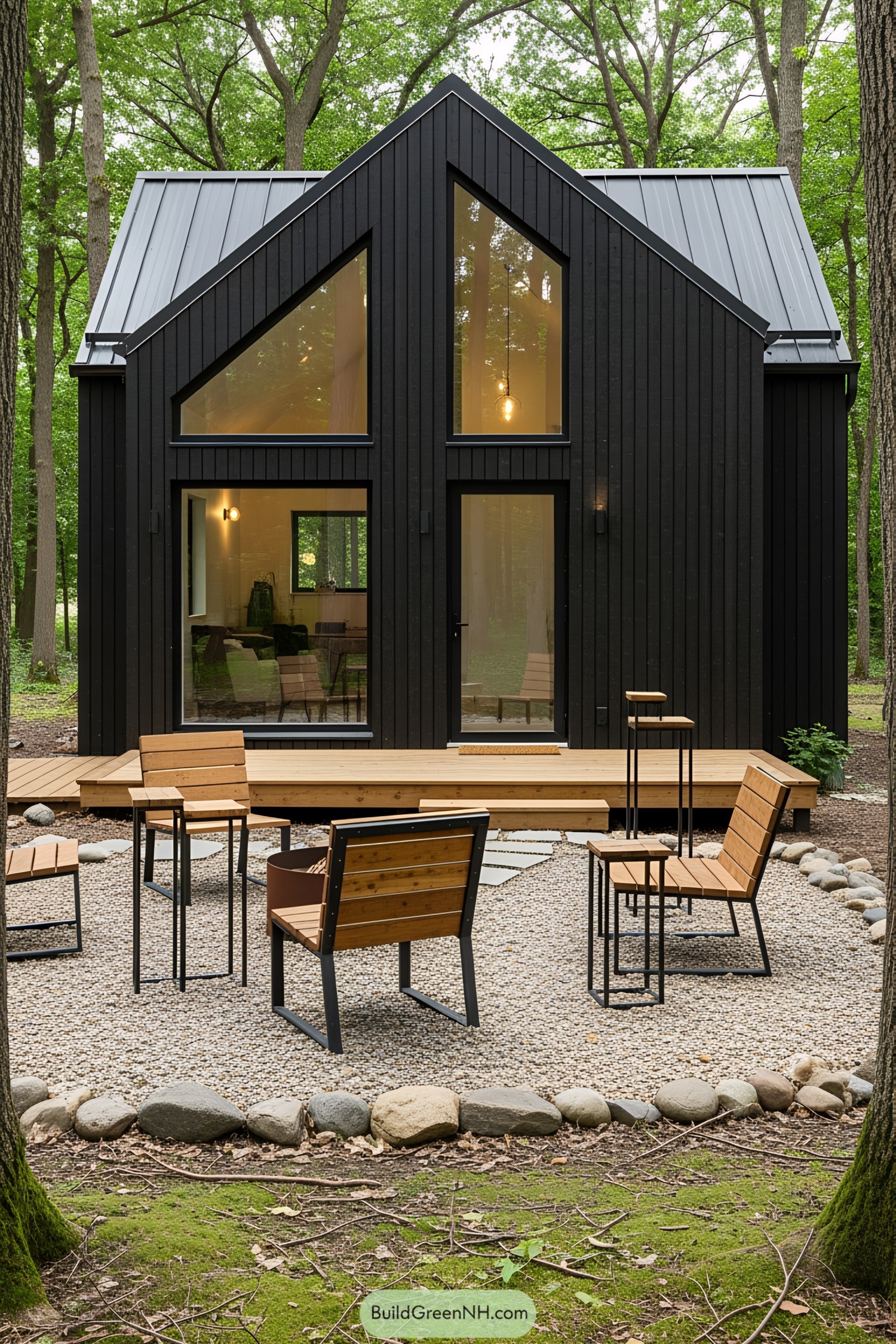 Black wooden house in a forest with modern outdoor seating