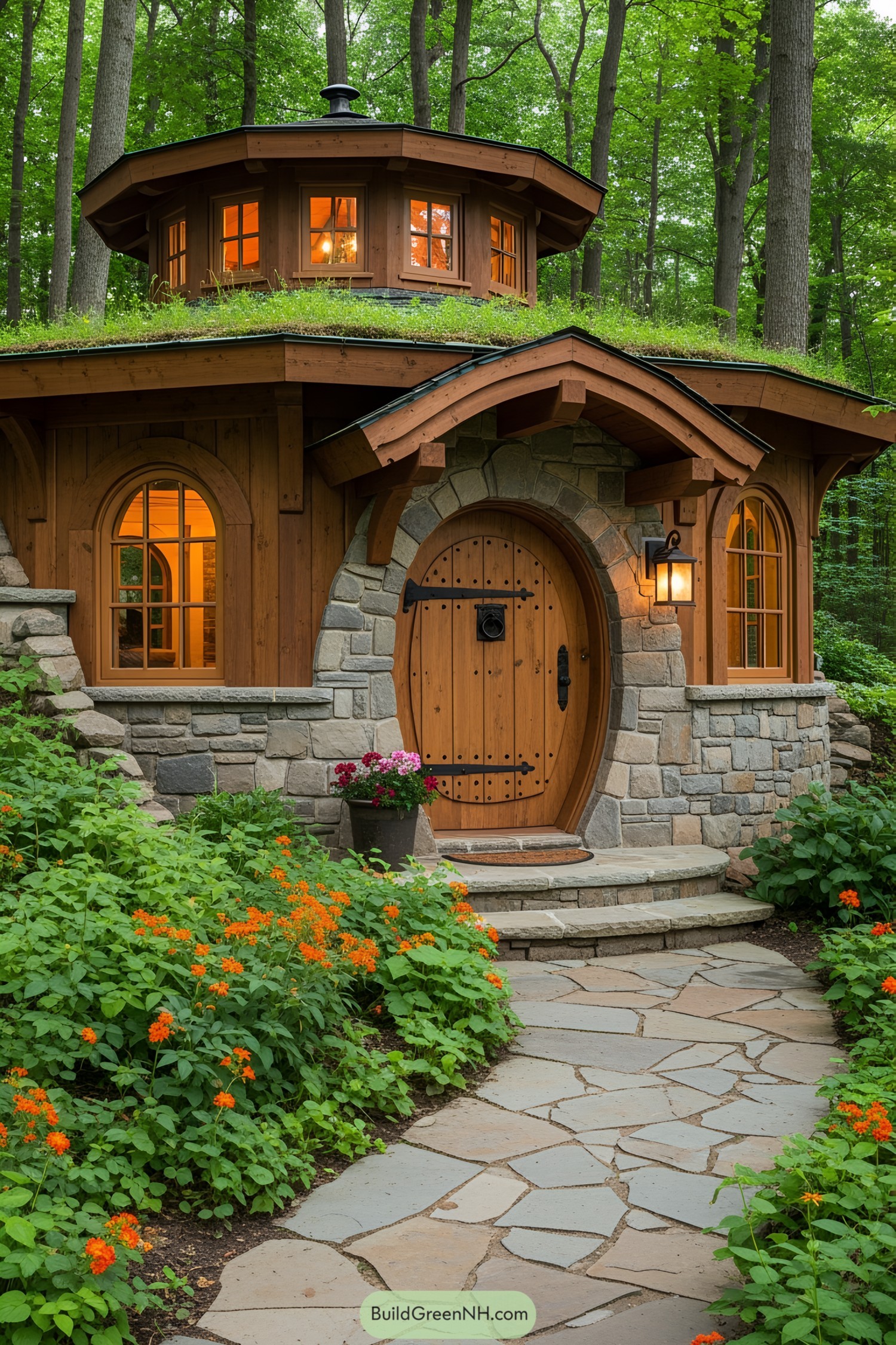 Cute round doorway of a forest house surrounded by greenery