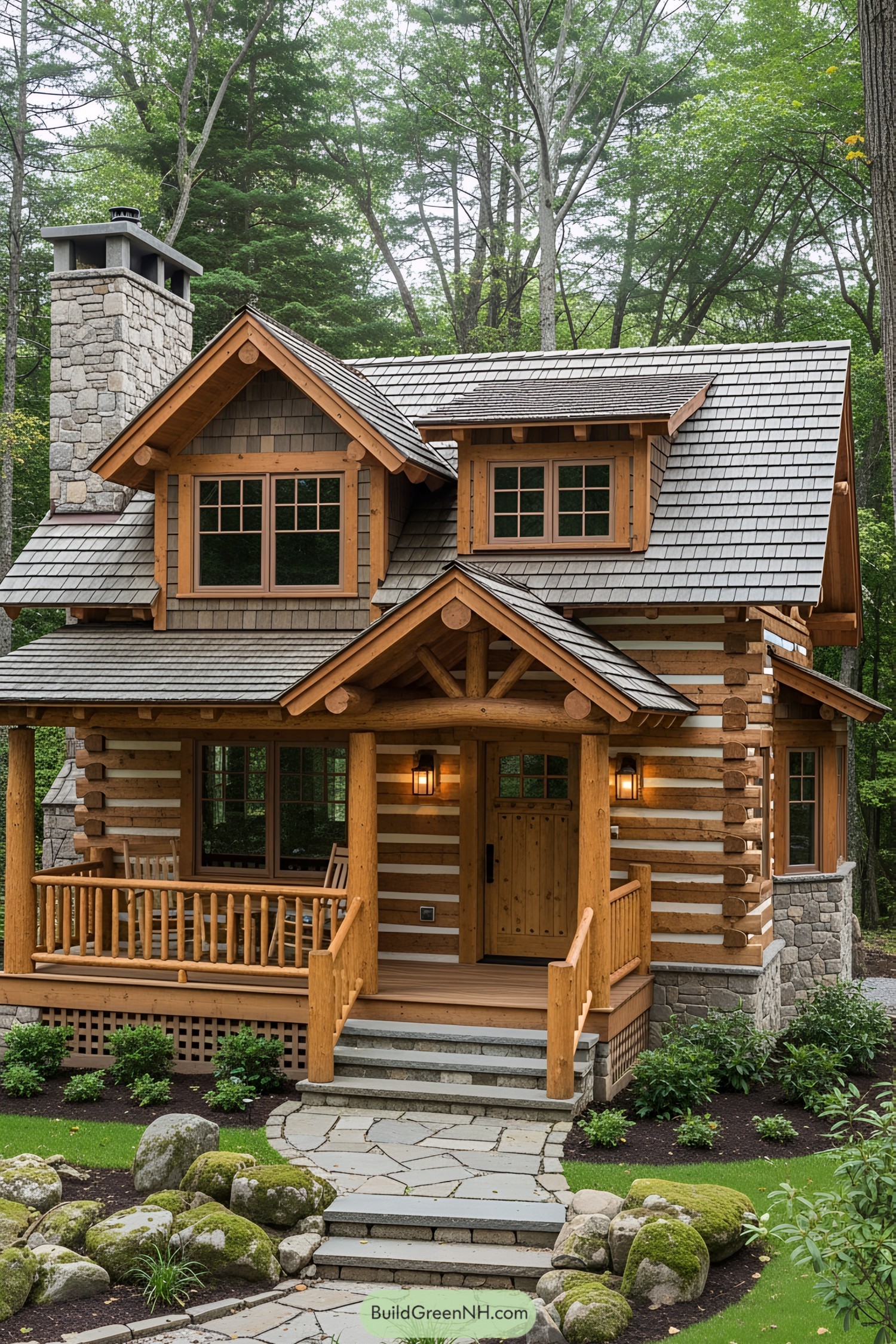 Cozy log cabin with a stone chimney surrounded by trees