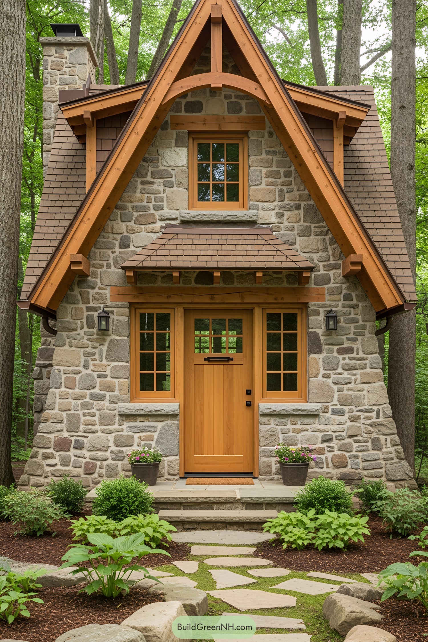 Charming stone cottage with a wooden door nestled in the woods
