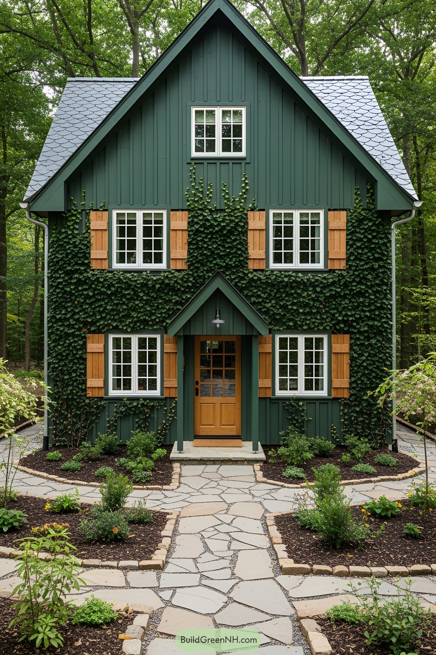 Charming forest house with green exterior and wooden shutters surrounded by lush foliage