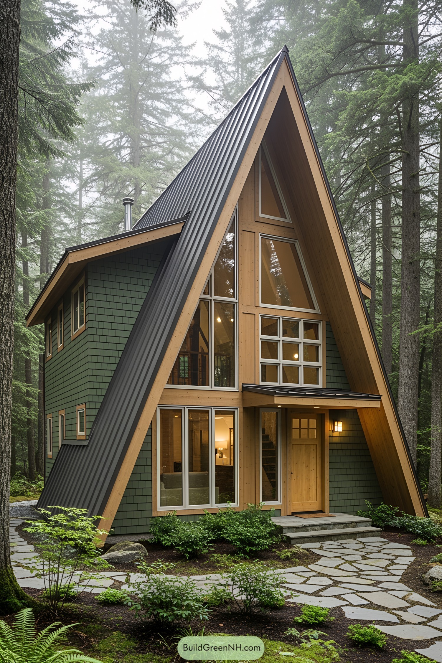 A-frame house nestled in a forest