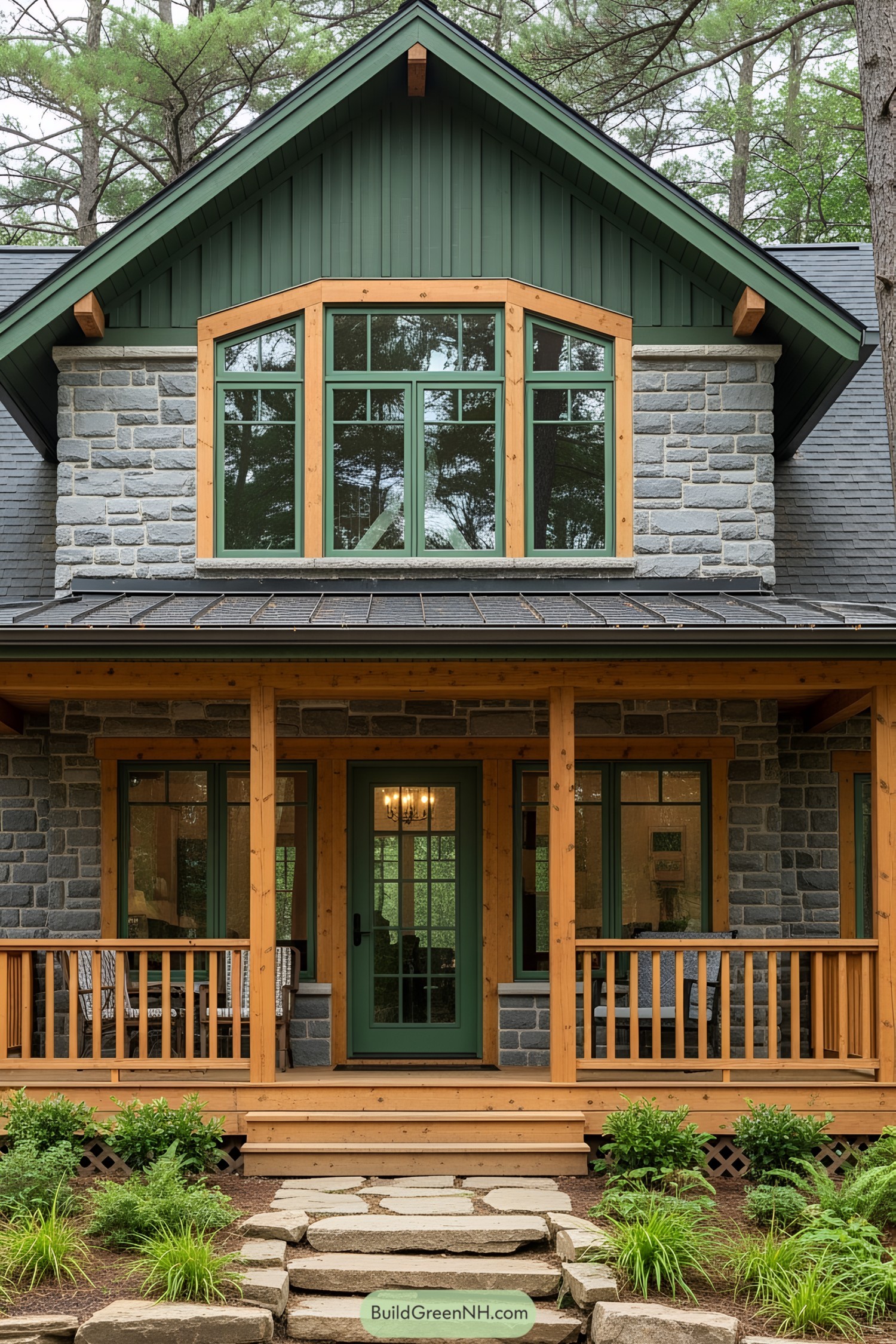 Cozy forest home with stone facade and green accents