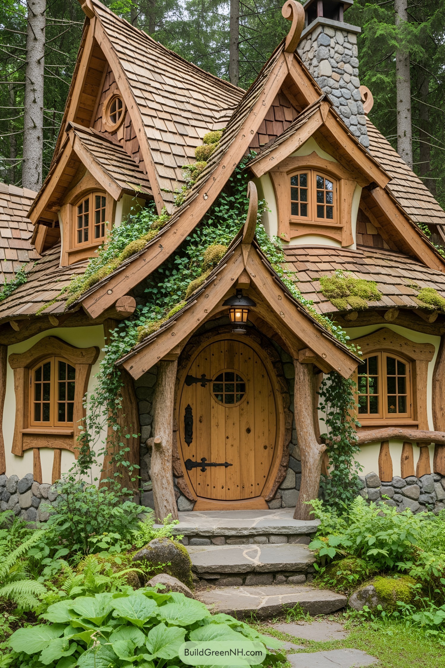 Charming forest house with curved roof and stone accents