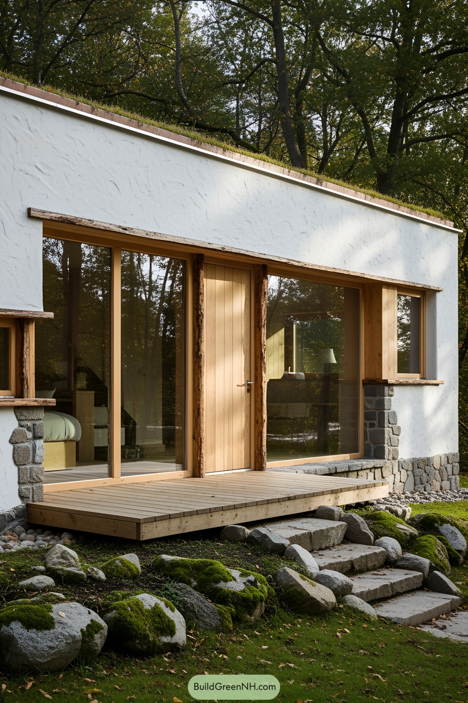 Small, modern forest house with large windows